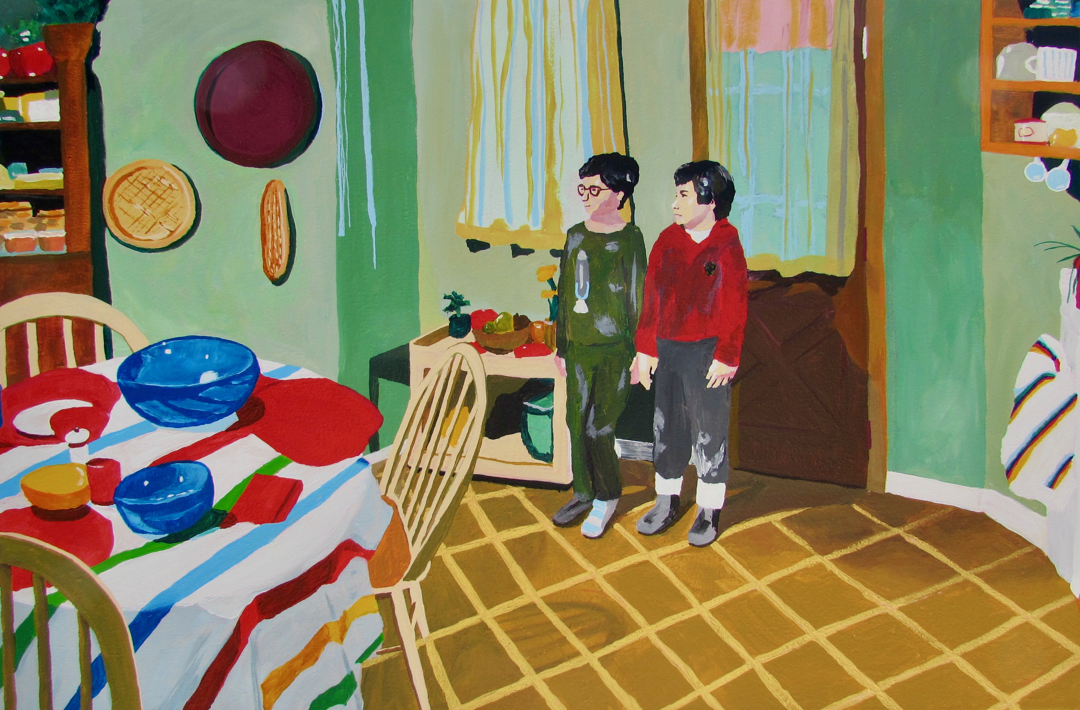 painting of two figures standing in a kitchen