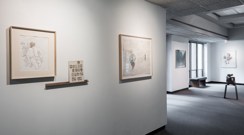 Gallery image featuring sculpture and hung drawings.