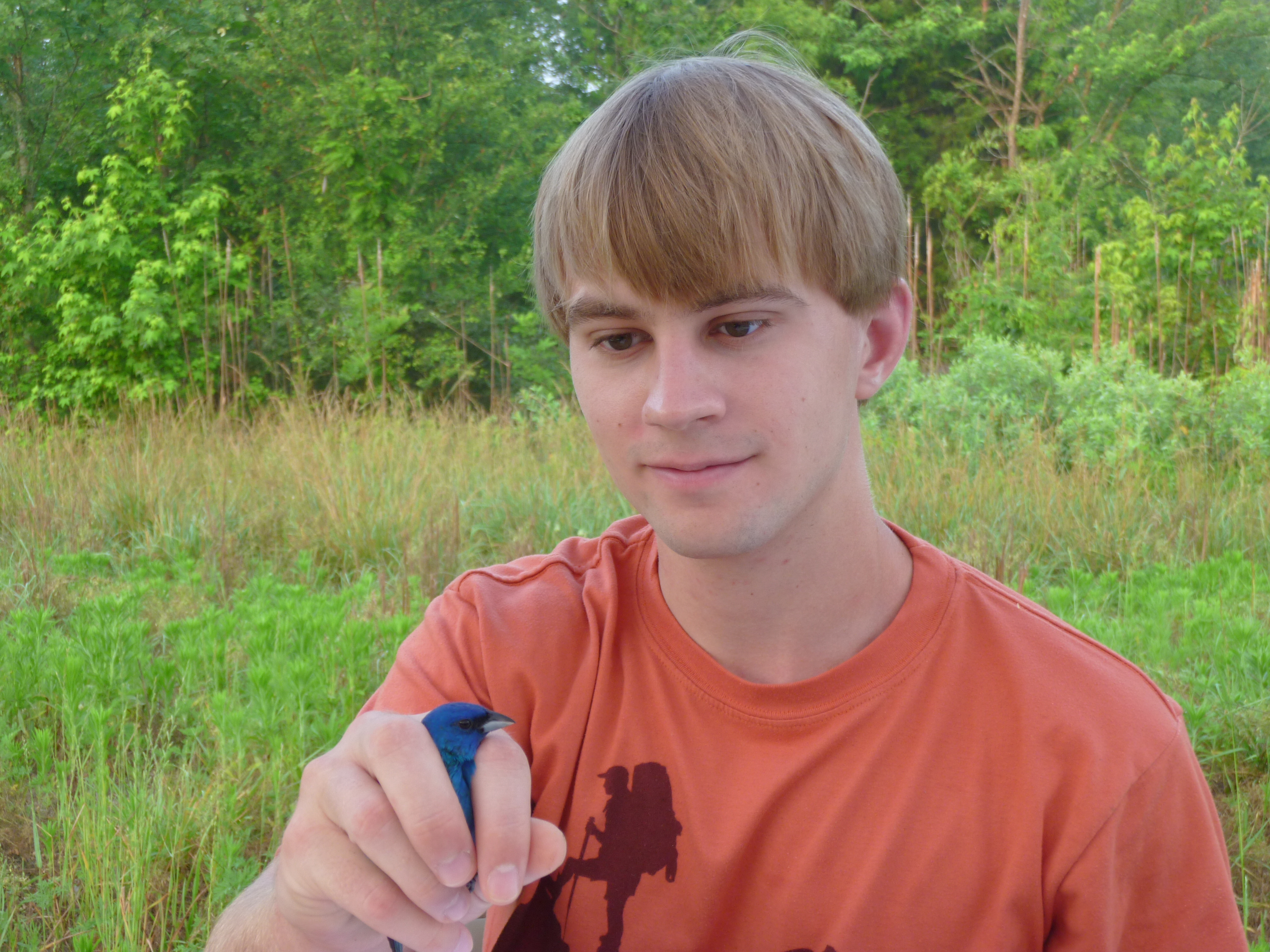 a young man holds a blue bird in his hand