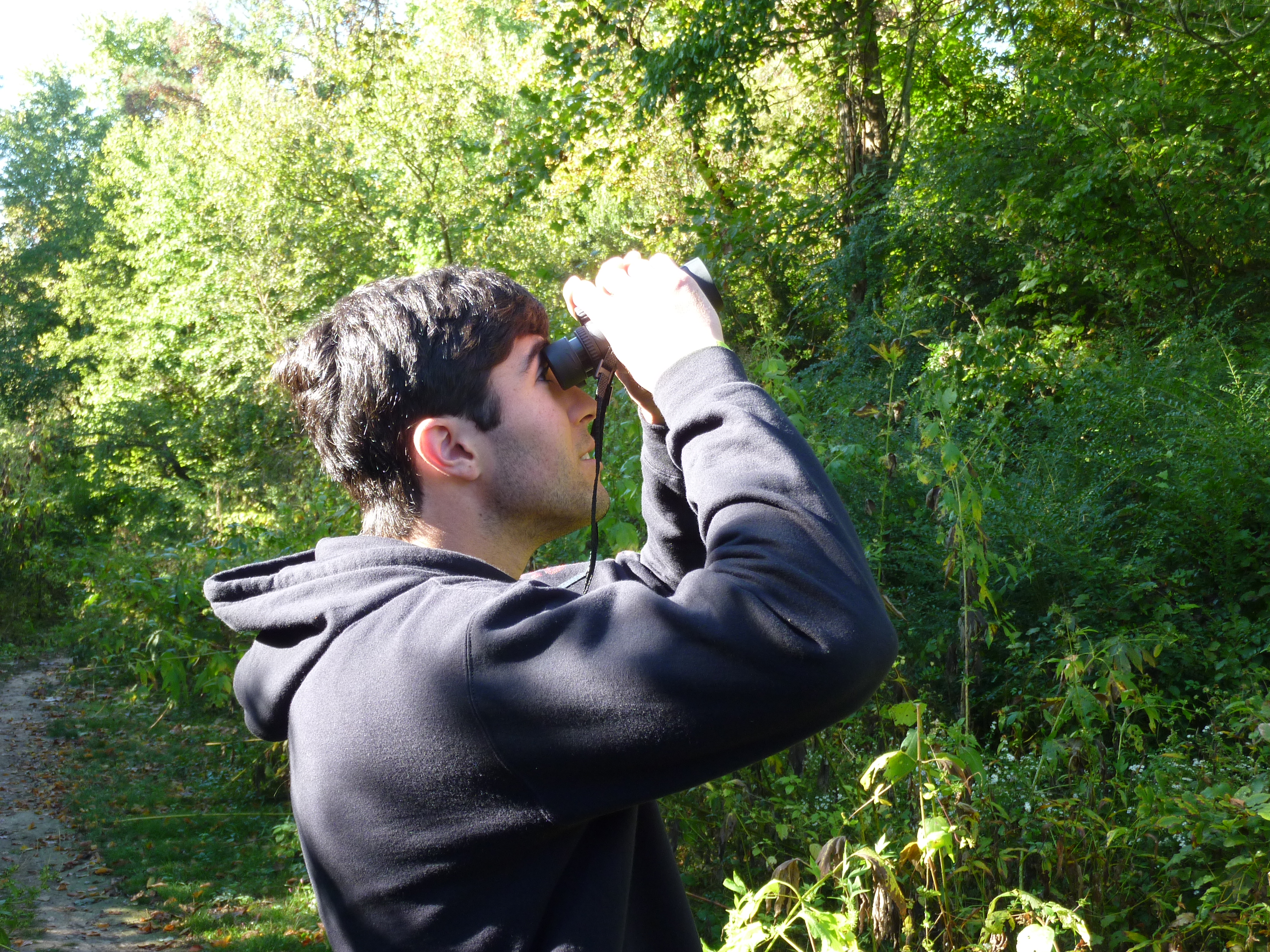 a young man looks through binoculars in a wooded area