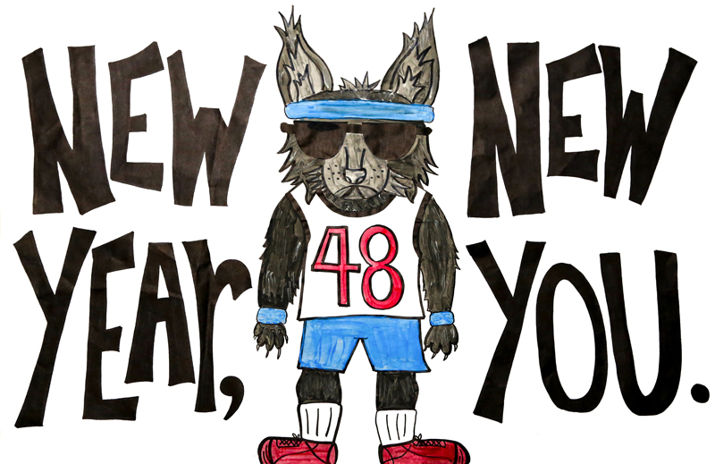 a banner with a drawing of a lynx in workout clothes that says New Year, New You