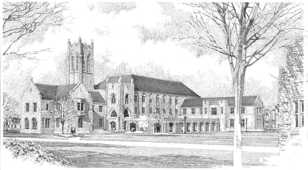 a black and white sketch of a large Gothic building