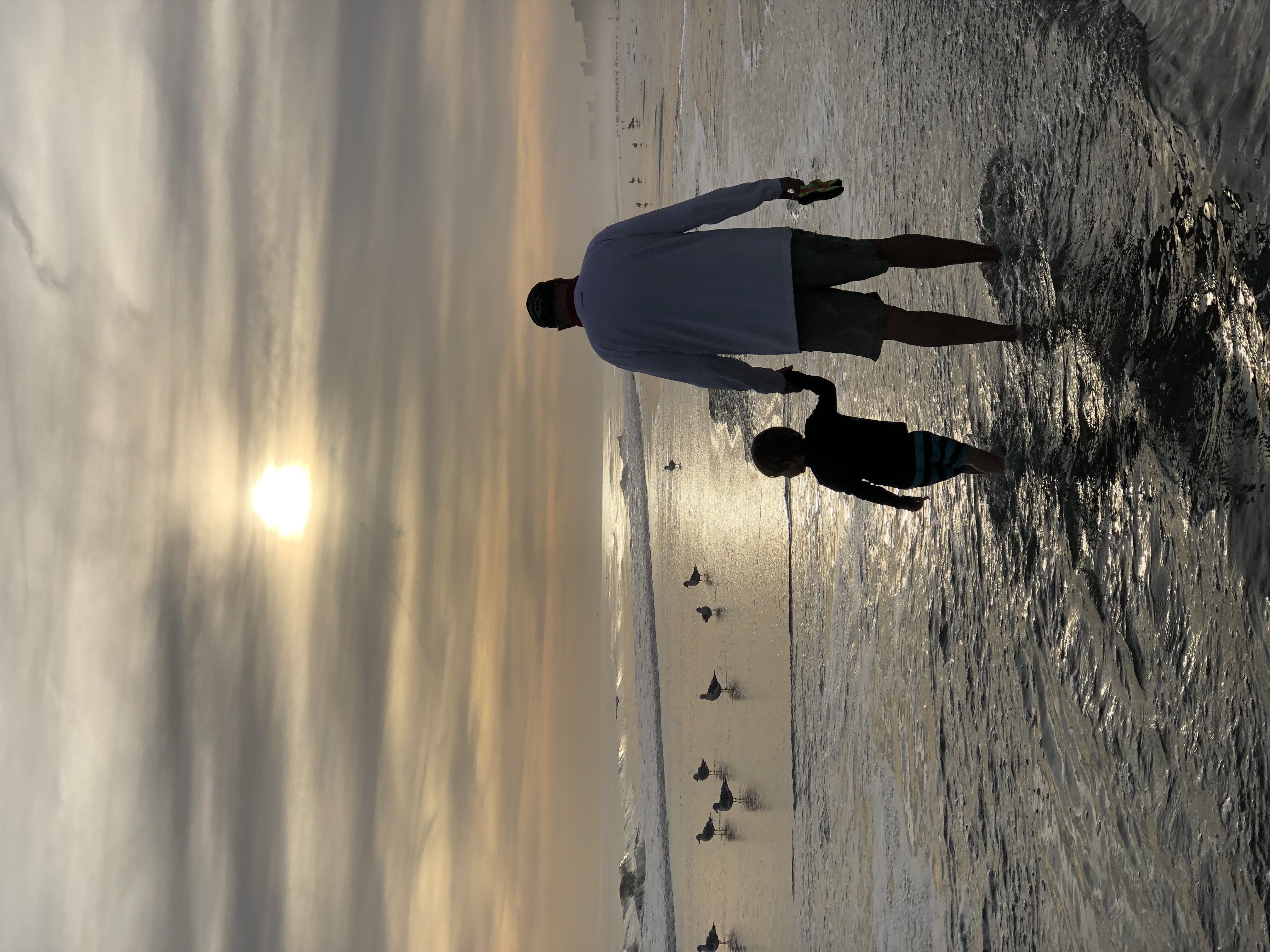 an older man and a small child walk on a sunset beach
