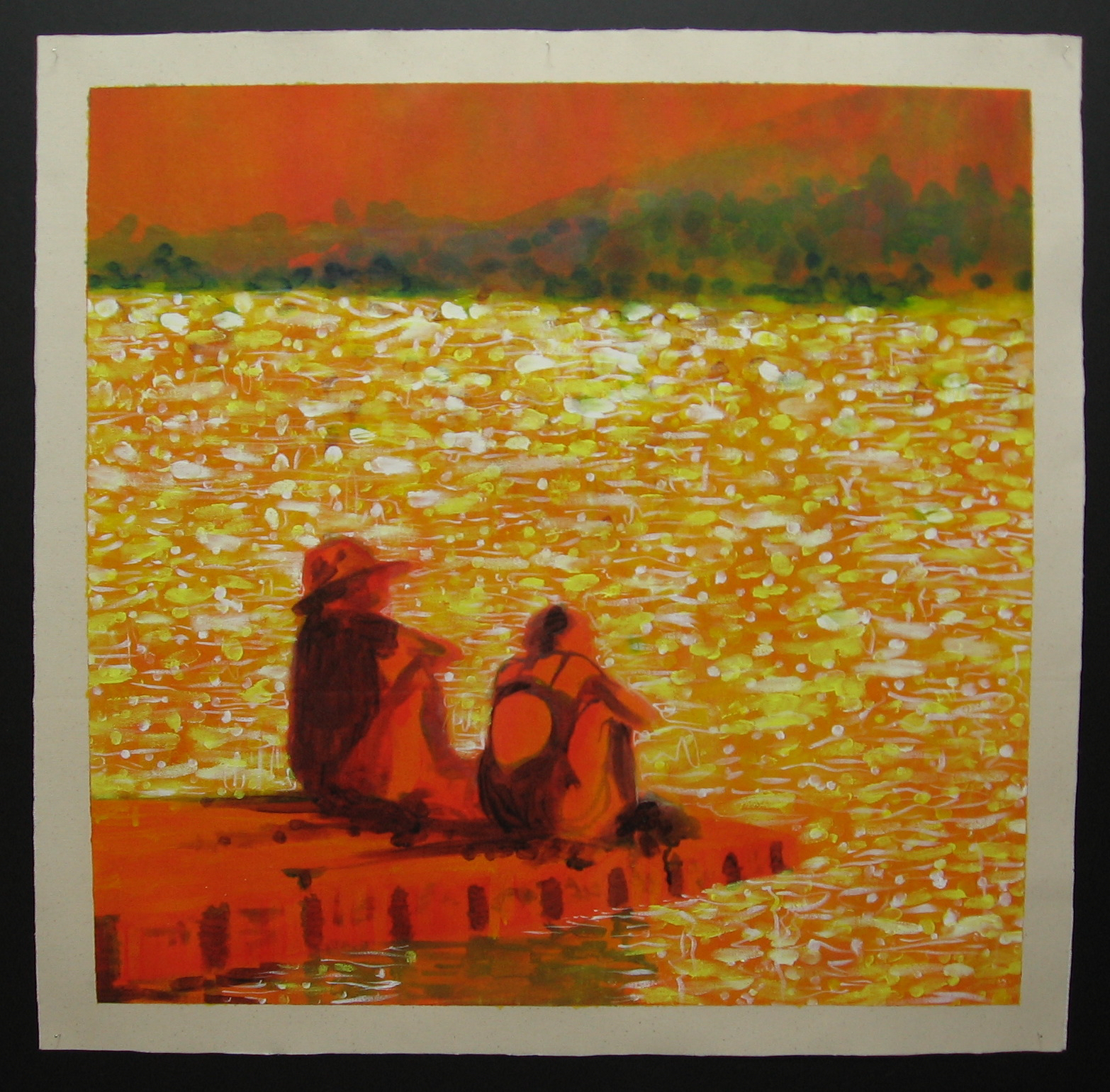 two figures sitting on a dock by a shimmering lake