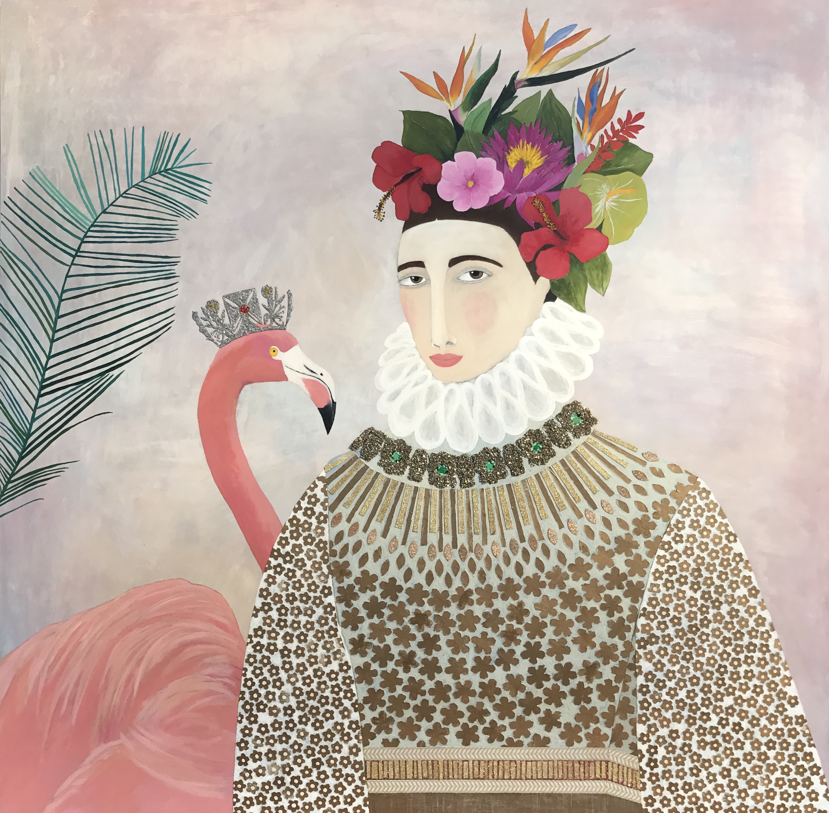 a Spanish princess dressed in finery with a flamingo