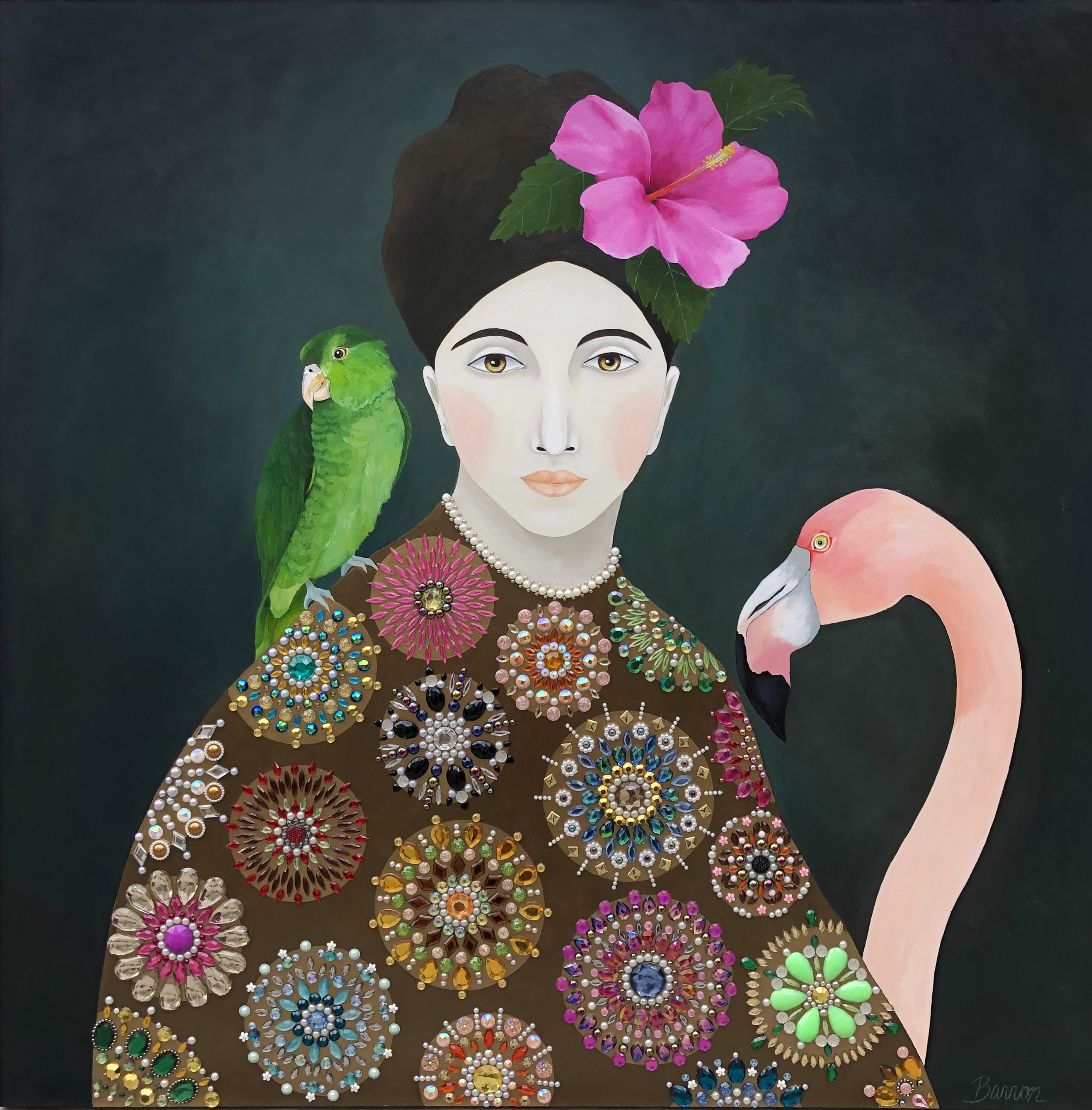 portrait of a woman with a parrot and flamingo