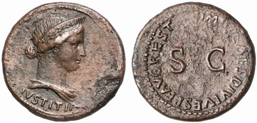 Obverse: IVSTITIA, Draped and diademed bust of Livia right. Reverse: IMP T CAES DIVI VESP F AVG REST, around large S C. photo: ©Fritz Rudolf Kunker GmbH & Co. KG