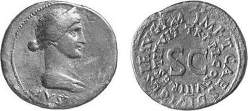 Obverse: PIETAS Veiled and diademed bust of Livia right. Reverse: IMP T CAES DIVI VESP F AVG P M round edge, TR P P P COS VIII RESTITVIT in inner circle, S C large in centre. photo: ©Gorny & Mosch Giessener Munzhandlung