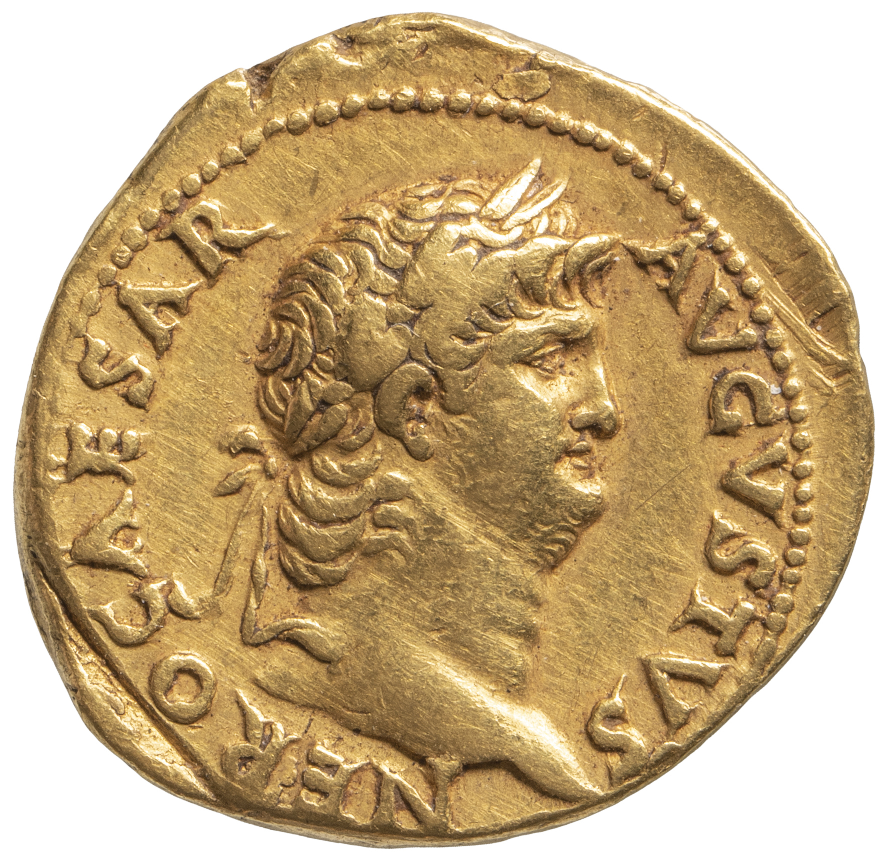 Gold coin of Nero wearing a laurel wreath