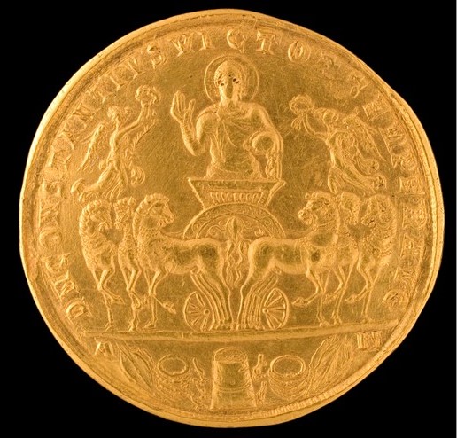 Gold coin of Constantius II surrounded by victories 