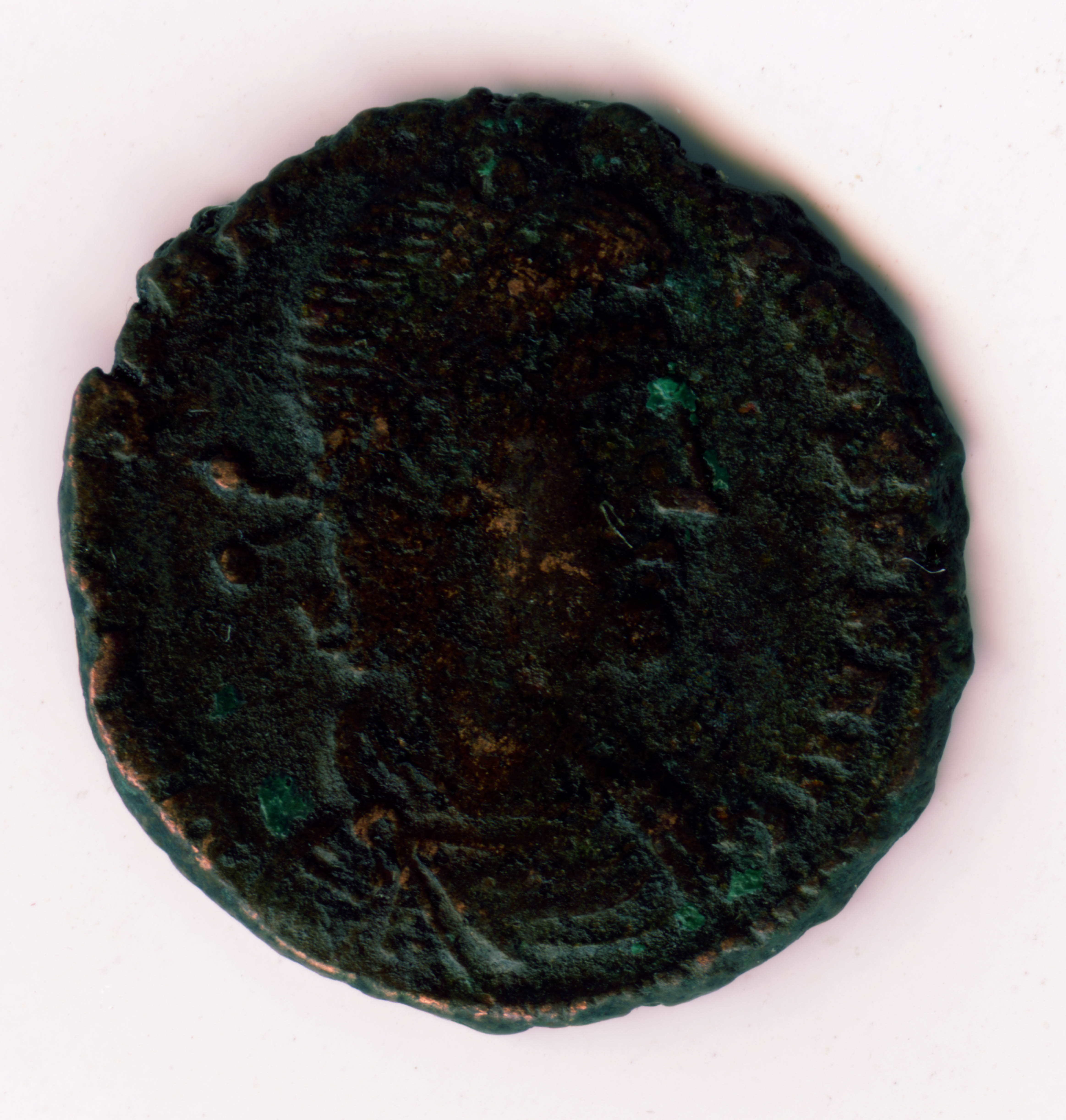 Obverse side of bronze coin showing Constantius' portraiture 
