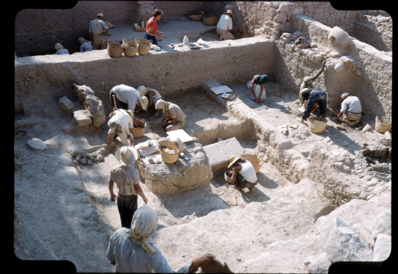 A slide from Sackett’s catalog depicting the Royal Road excavations at Knossos (Sackett 1959). Sackett joined the team from 1957-1960, working with Sinclair Hood to test the theories of Arthur Evans, the original excavator of Knossos (Cadogan 2020). The first palace was built during the Middle Minoan period (circa 2000-1700 BCE). When the rest of Minoan civilization fell around 1450, Knossos was included.