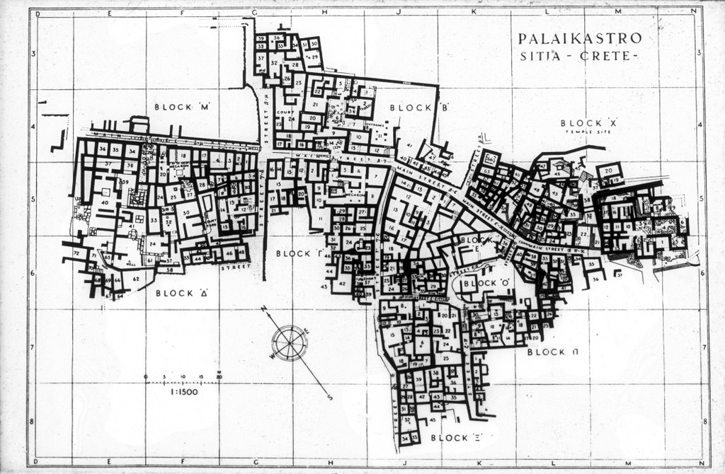  A site plan of Palaikastro, a coastal village on Crete, on a grid with 20 m. squares (Graham 1962).