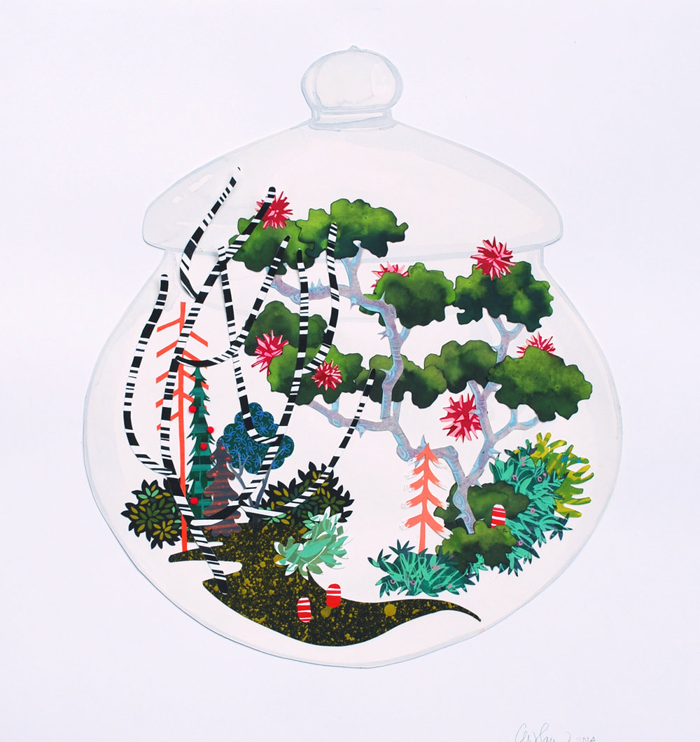 Gouche and watercolor on paper in vibrant colors is hand-cut and collaged into a greenery or forest arrangement that’s enclosed in a round clear jar. 