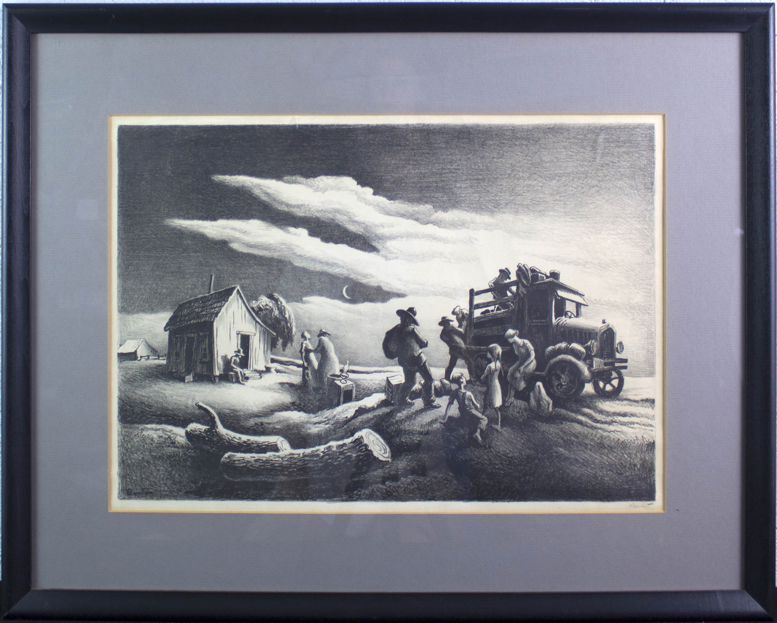 Lithograph on paper of a group of people loading a truck on the countryside. It is nighttime and a crescent moon is in the sky behind a few clouds. There is a small cabin in the background on the left.