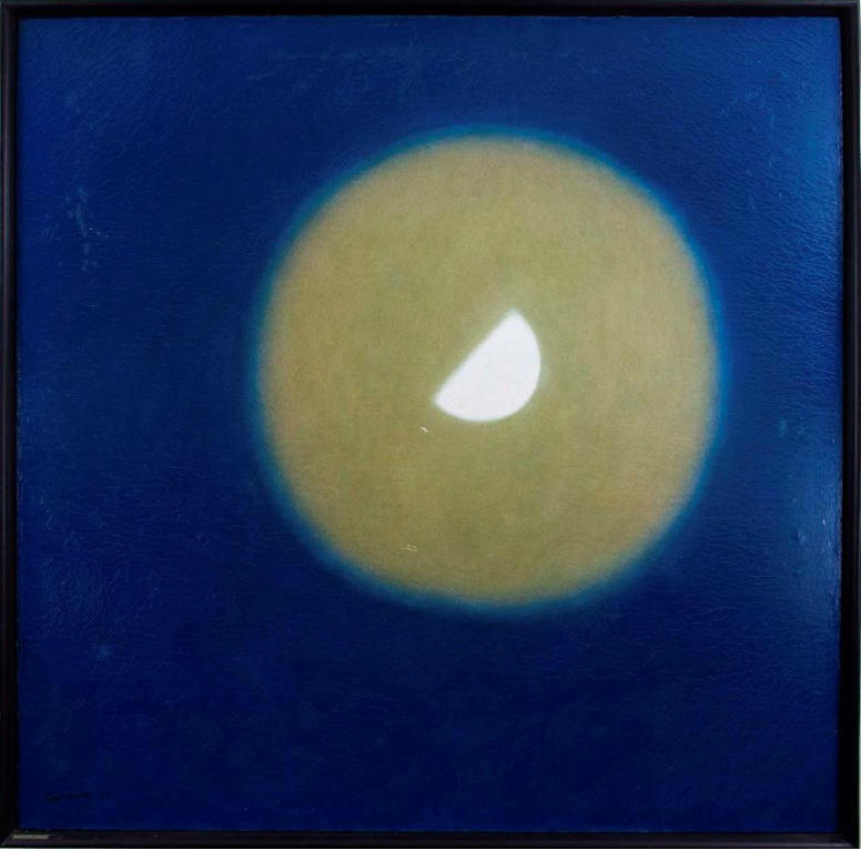 Oil painting on canvas of a yellow circle containing a half-circle or moon shape against a blue aqua background. 