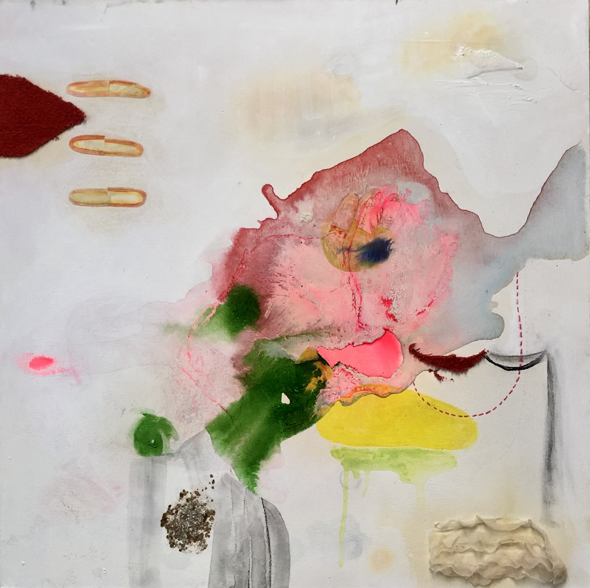 Abstract mixed media collage on canvas. The main part of the composition is in the center and includes paint, cloth, and tool. The center of the composition is pink, white, and green.