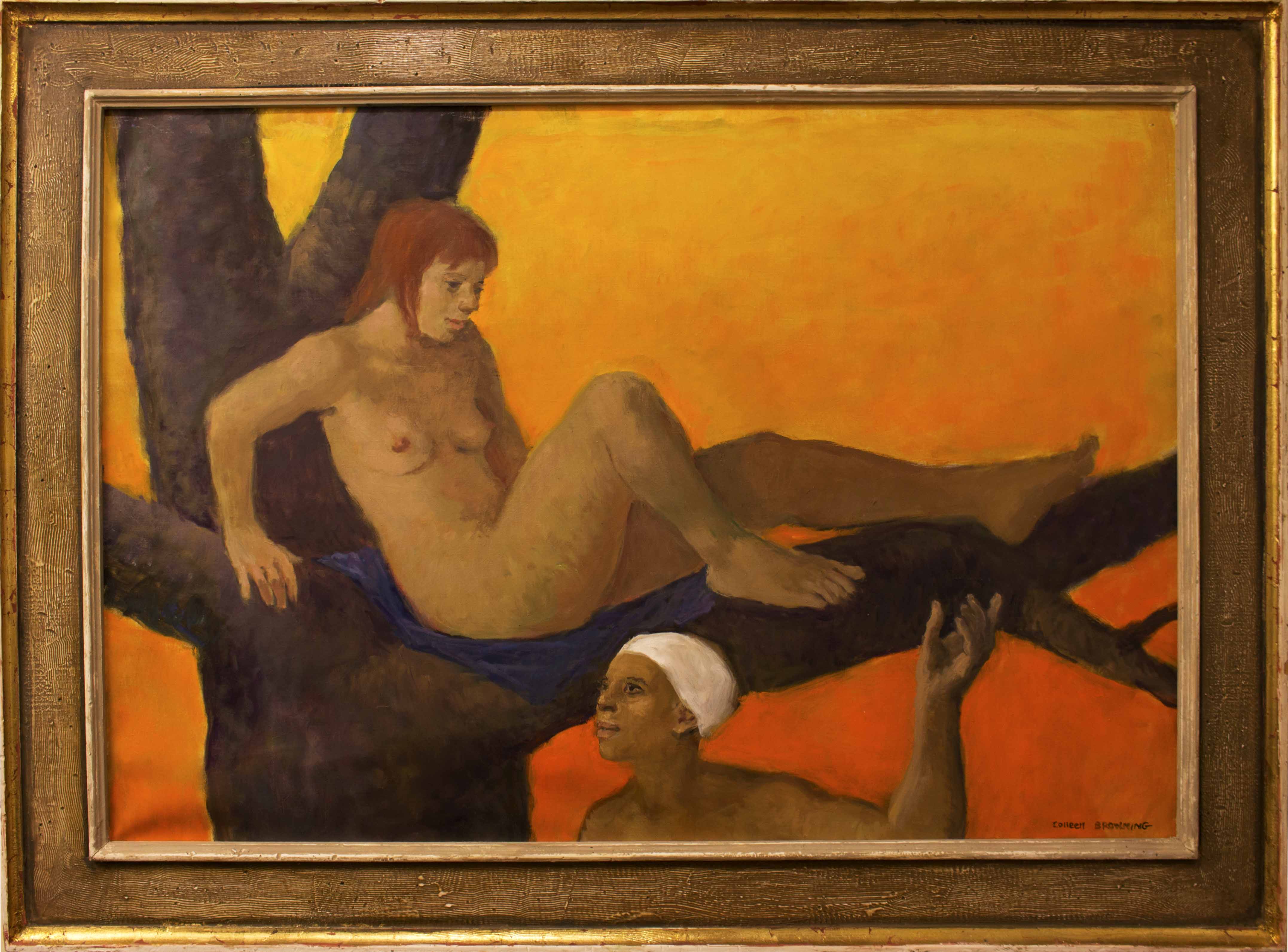 A painting of two nude figures, one of which is sitting on a blue cloth on a tree branch and the other is below looking up. The background behind the tree and figures is a bright orange and yellow gradation. 