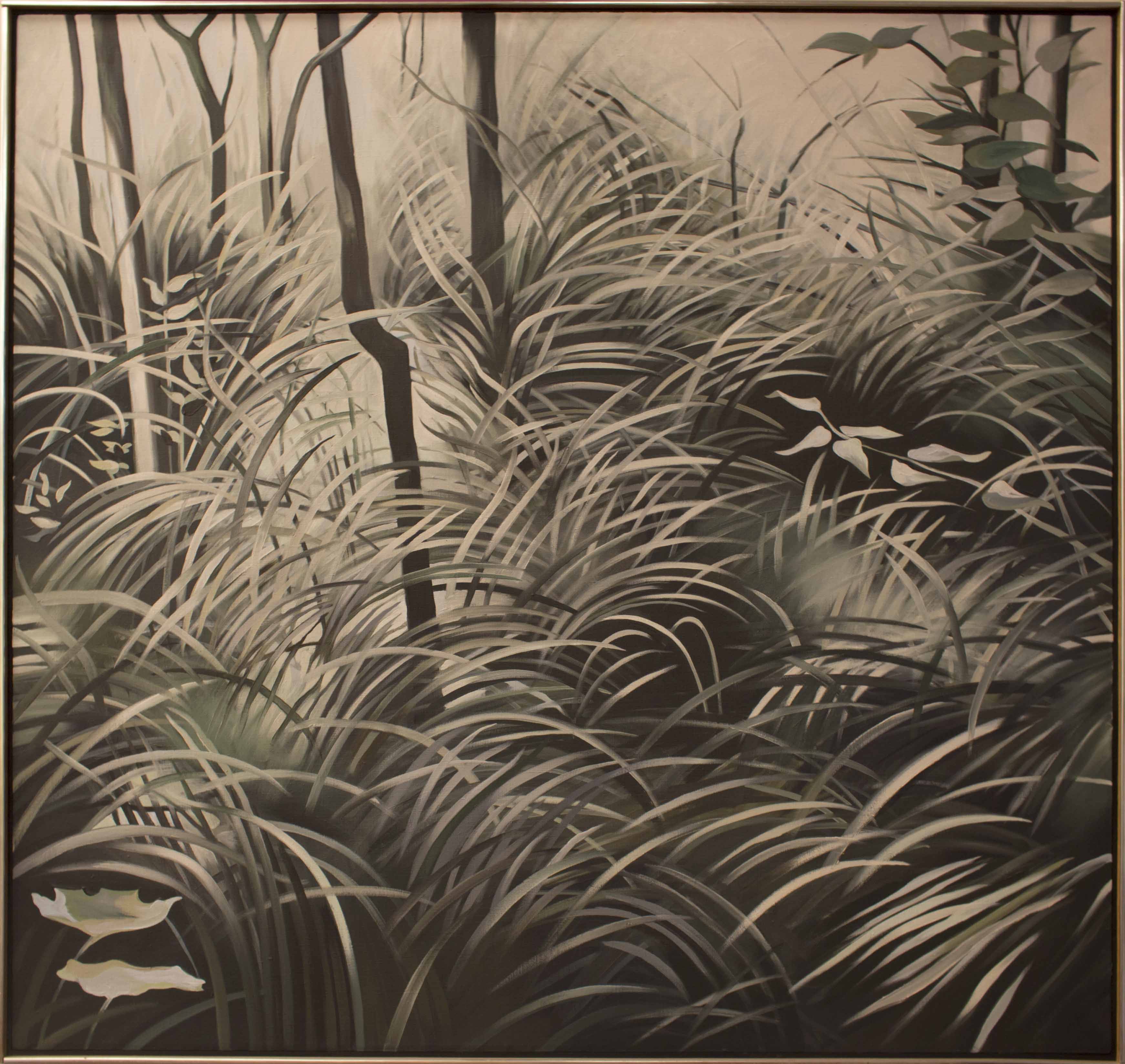 "Grasses" is an oil painting of grasses and trees. It is painted with varying shades of greens, browns, and neutrals. 