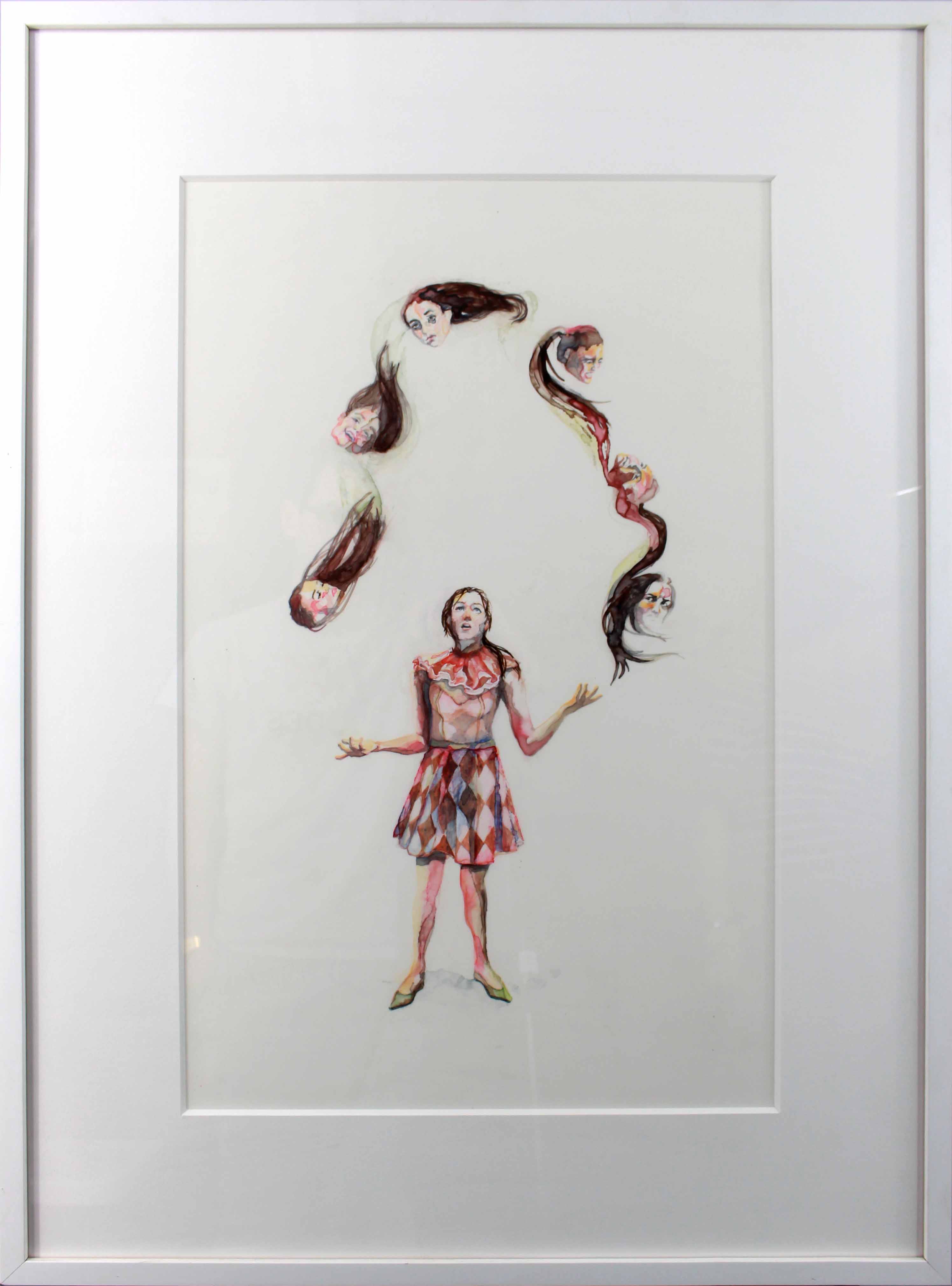 This is a painting of a girl juggling 6 copies of her own head. The heads all have different expressions as the girl juggling looks up at them with concentration. It is painted on a plain white background with a hint of shadow beneath the girl's feet.