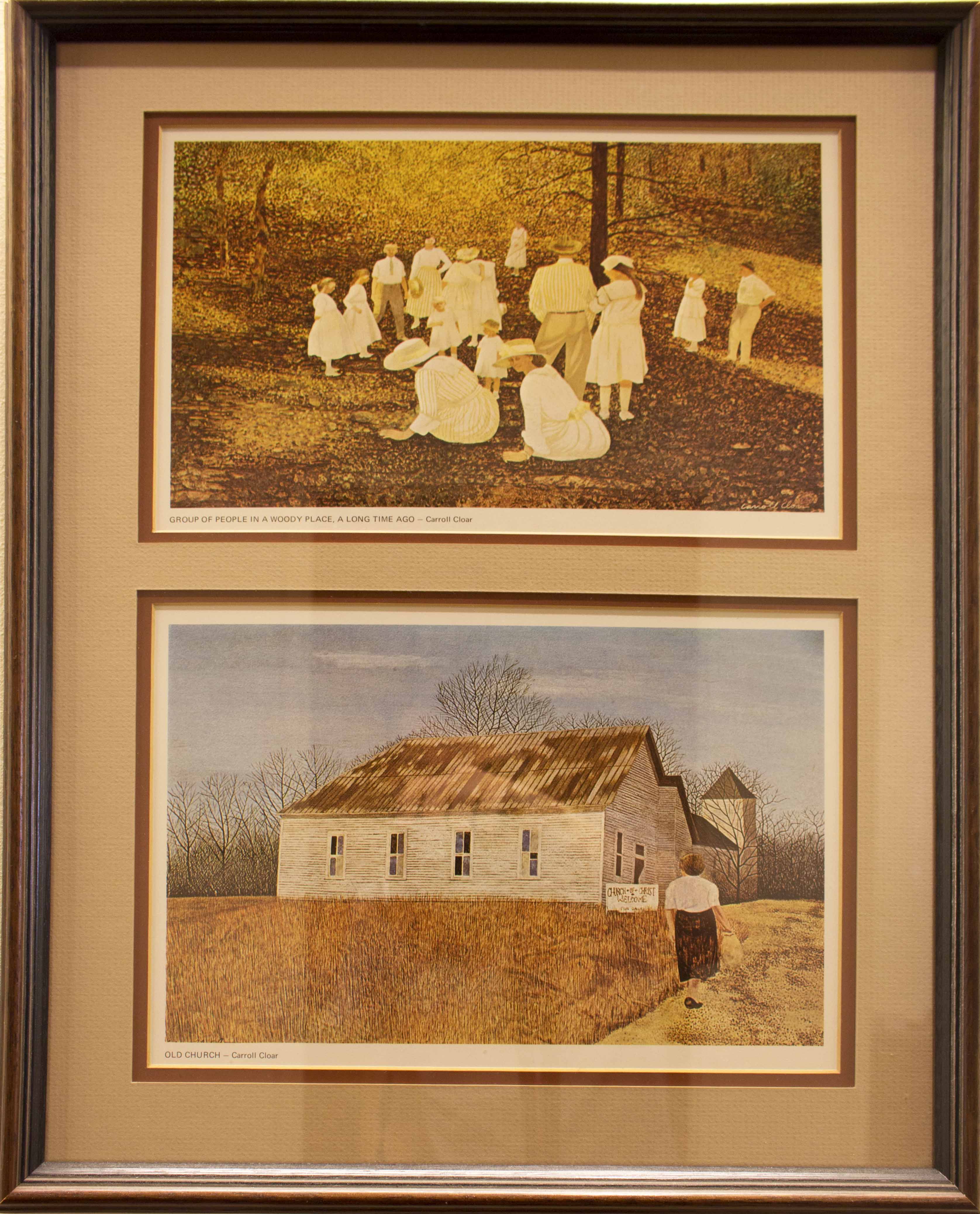 This is a diptych featuring two pieces. In the piece "Old Church," there is a woman walking alongside a browned field next to a white paneled church. The upper piece, "Group of People in a Woody Place, A Long Time Ago," has a group of people dressed in white and white hats in a brown forest.