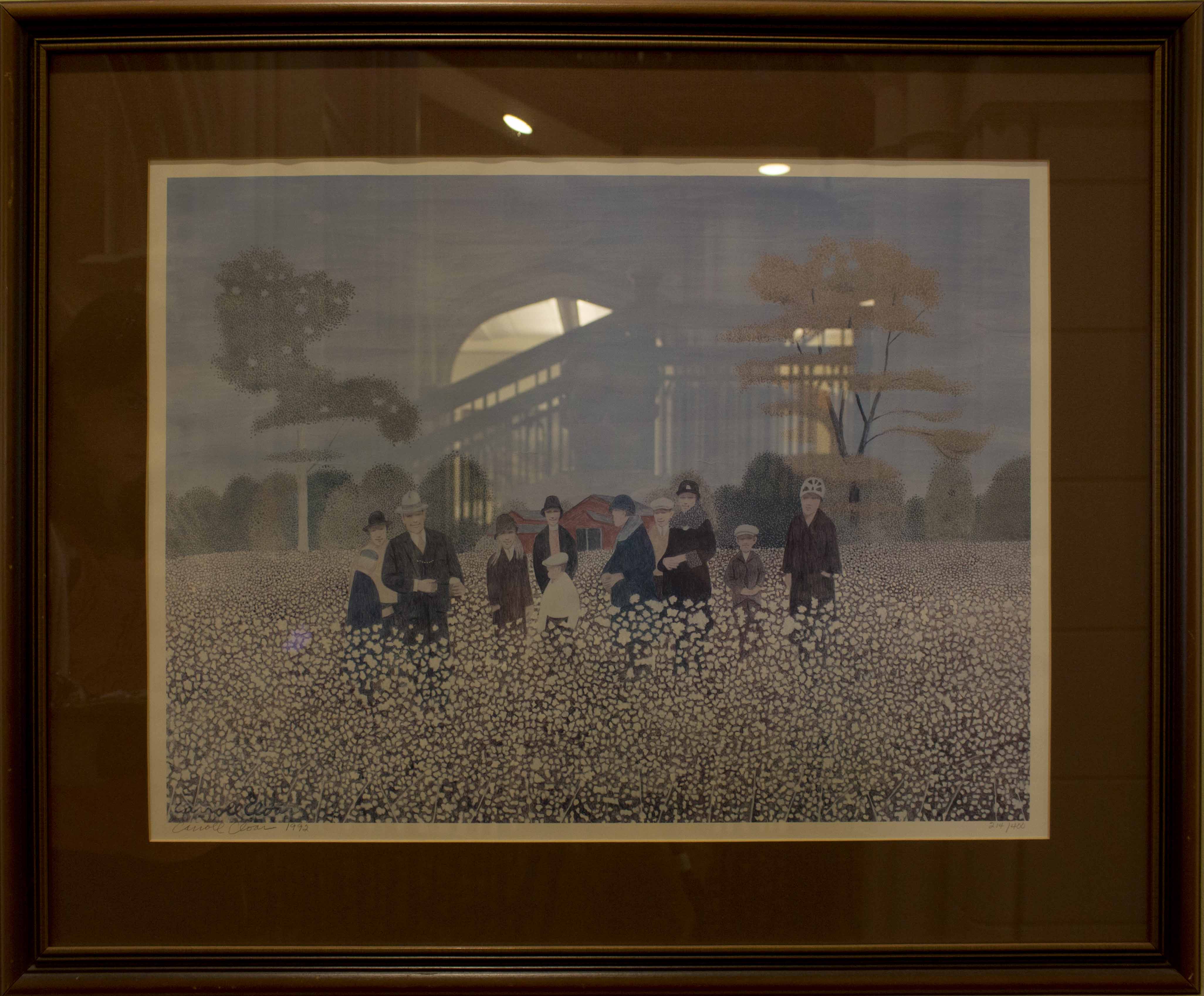 Signed Offset Lithograph of people wearing hats in a cotton field with trees in the background. The piece is mostly in blues, greens, and white.