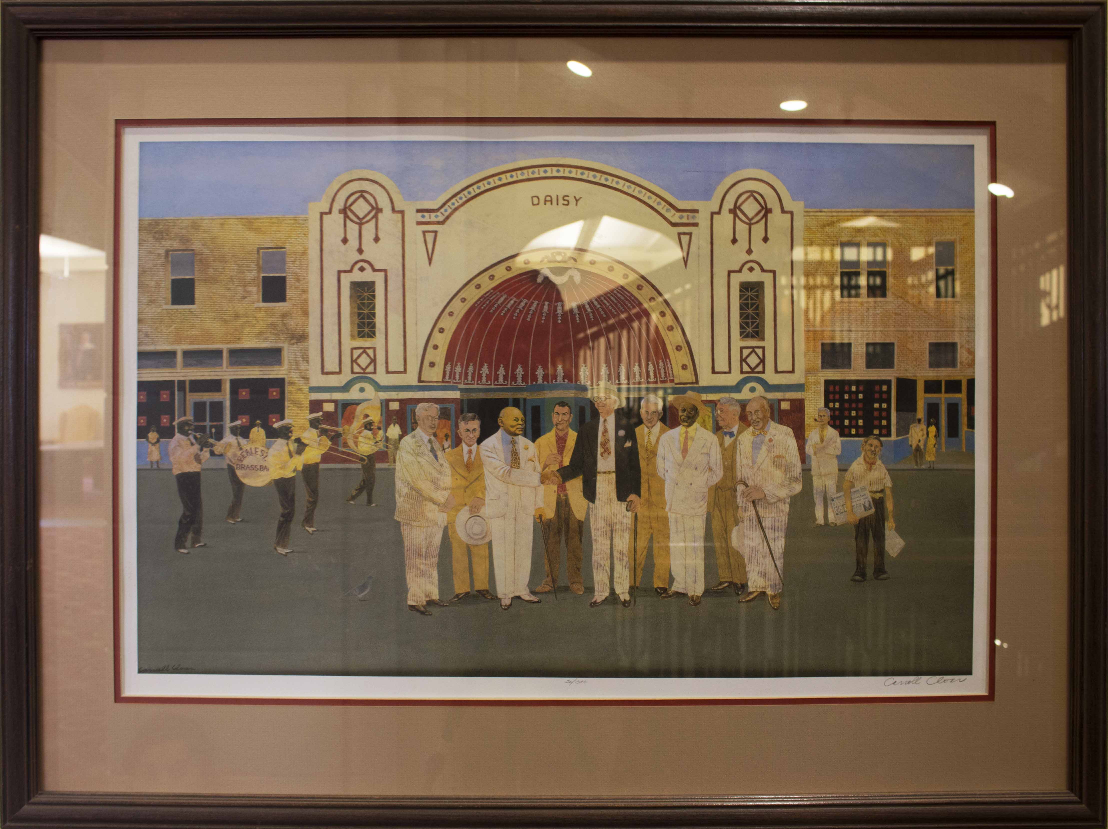 Print of men in front of the Daisy in Memphis with a group of band players marching behind them. E.H. Crump and W.C. Handy are shaking hands. 