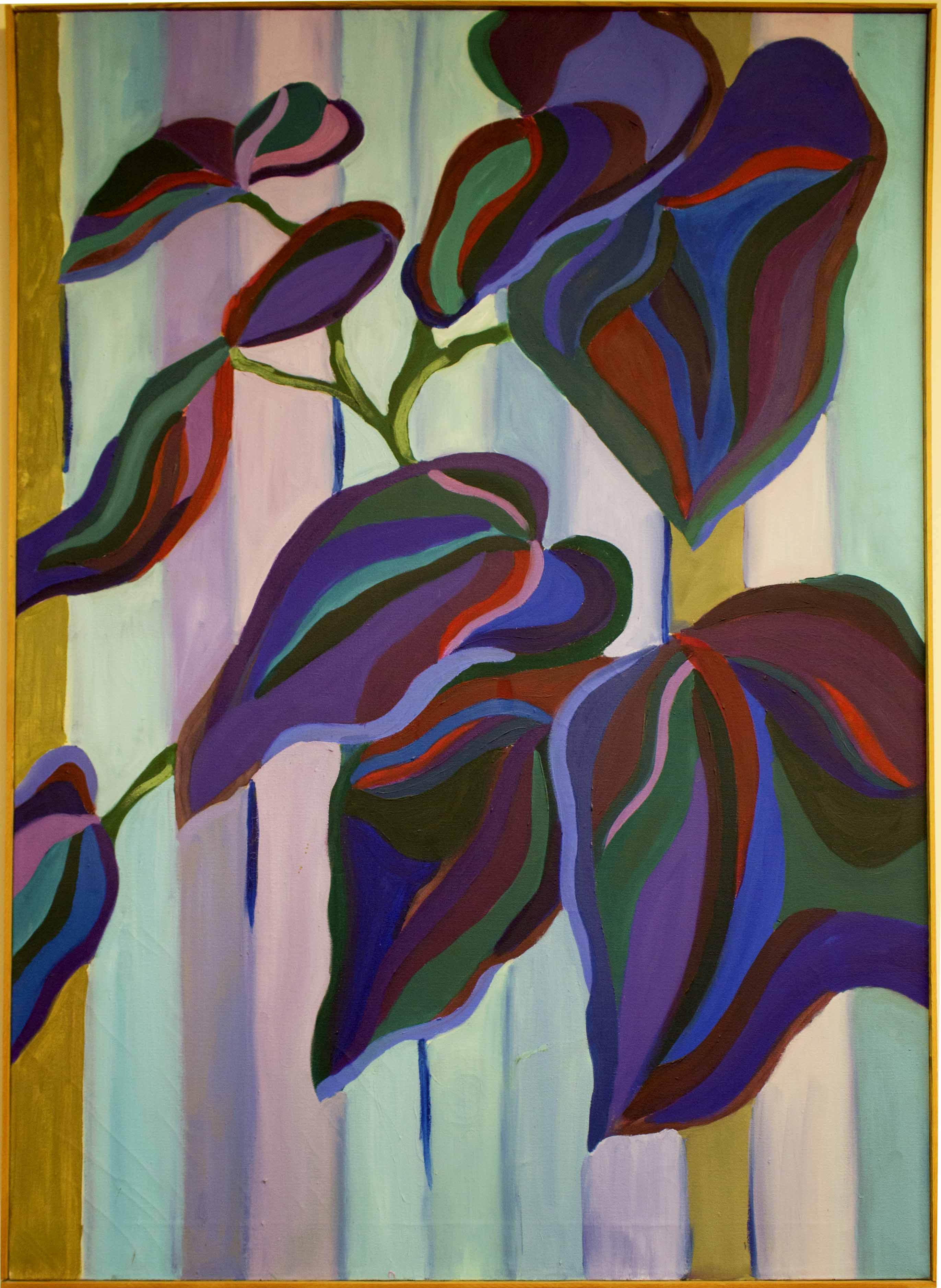 Painting of leaves on a purple, blue, and yellow striped background.