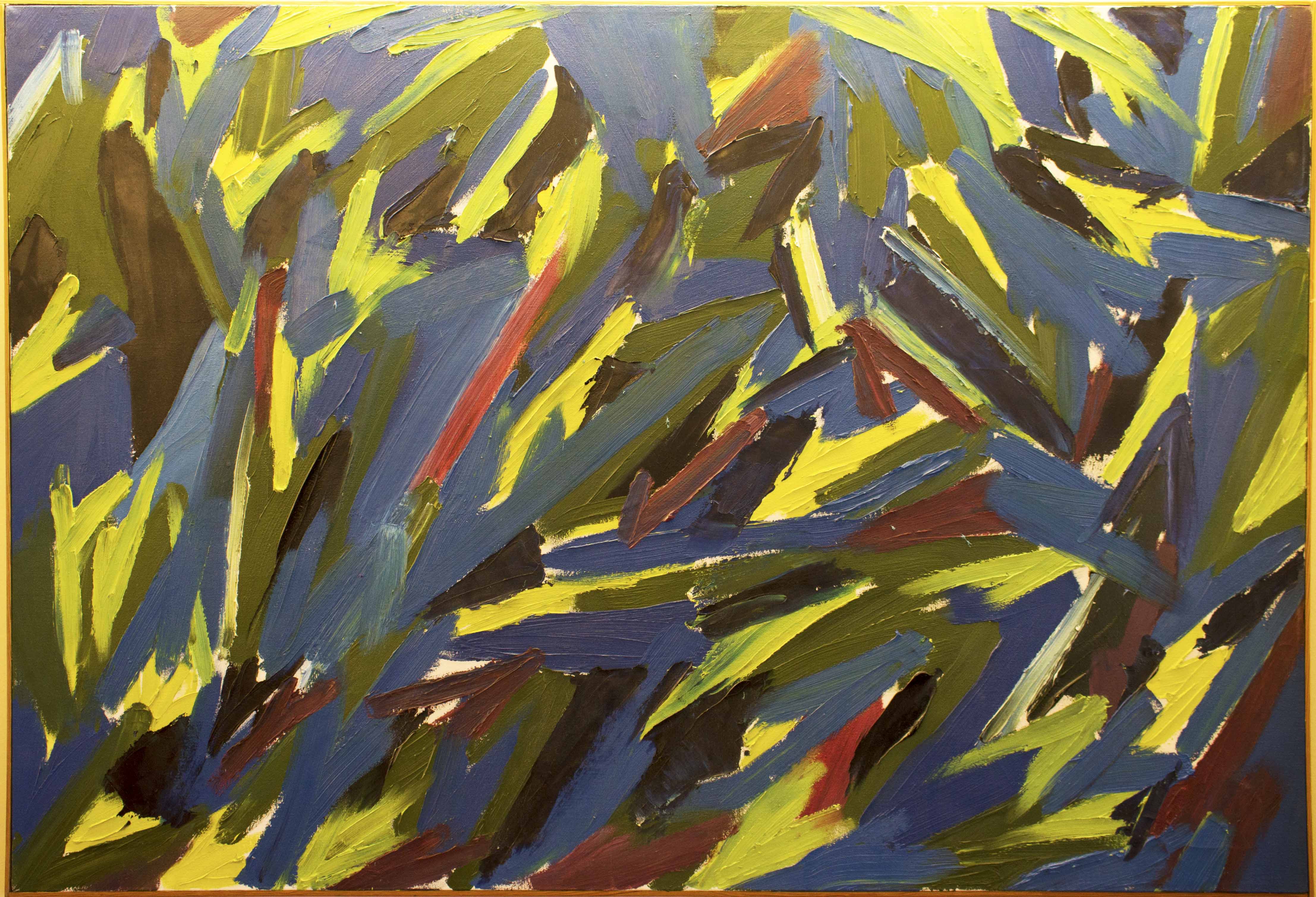 This is an abstract painting made with large strokes of purple, blue, red, green, and yellow. The large strokes give texture to the piece's surface. 
