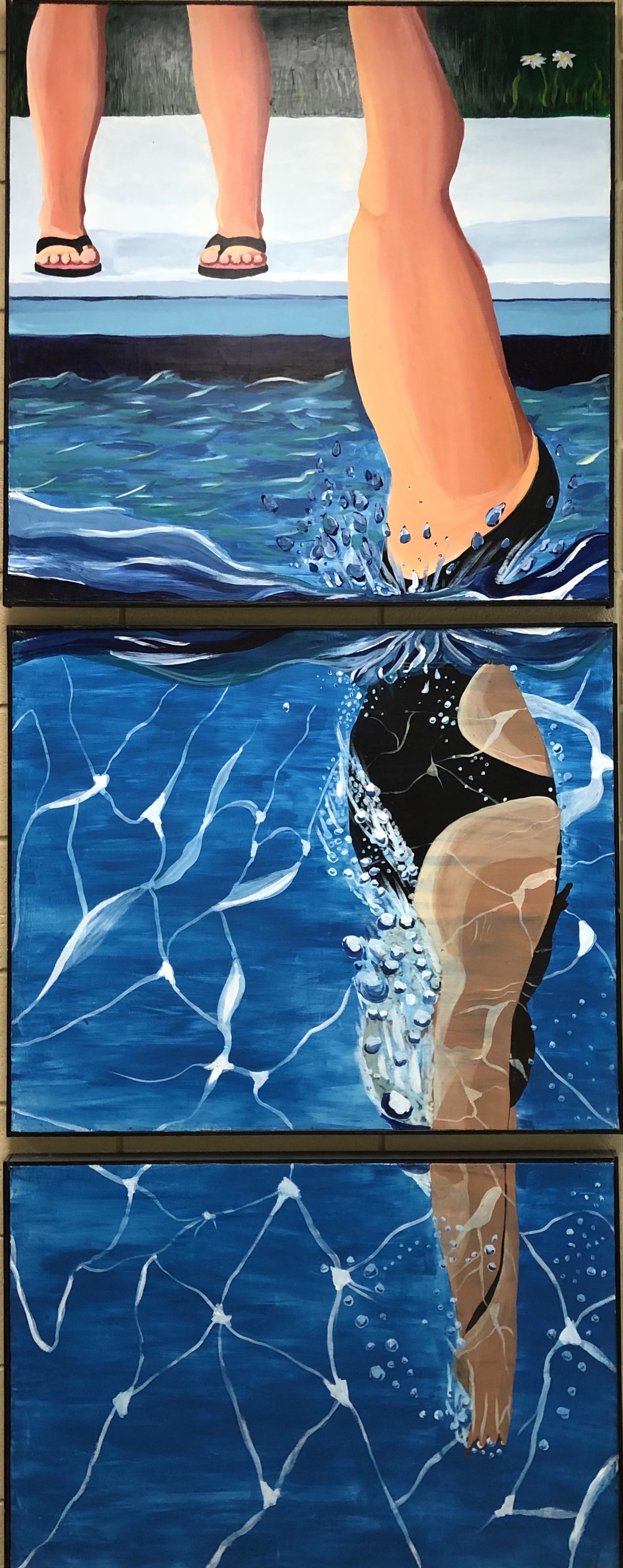 This is a vertical three panel painting of a diver jumping into the water.