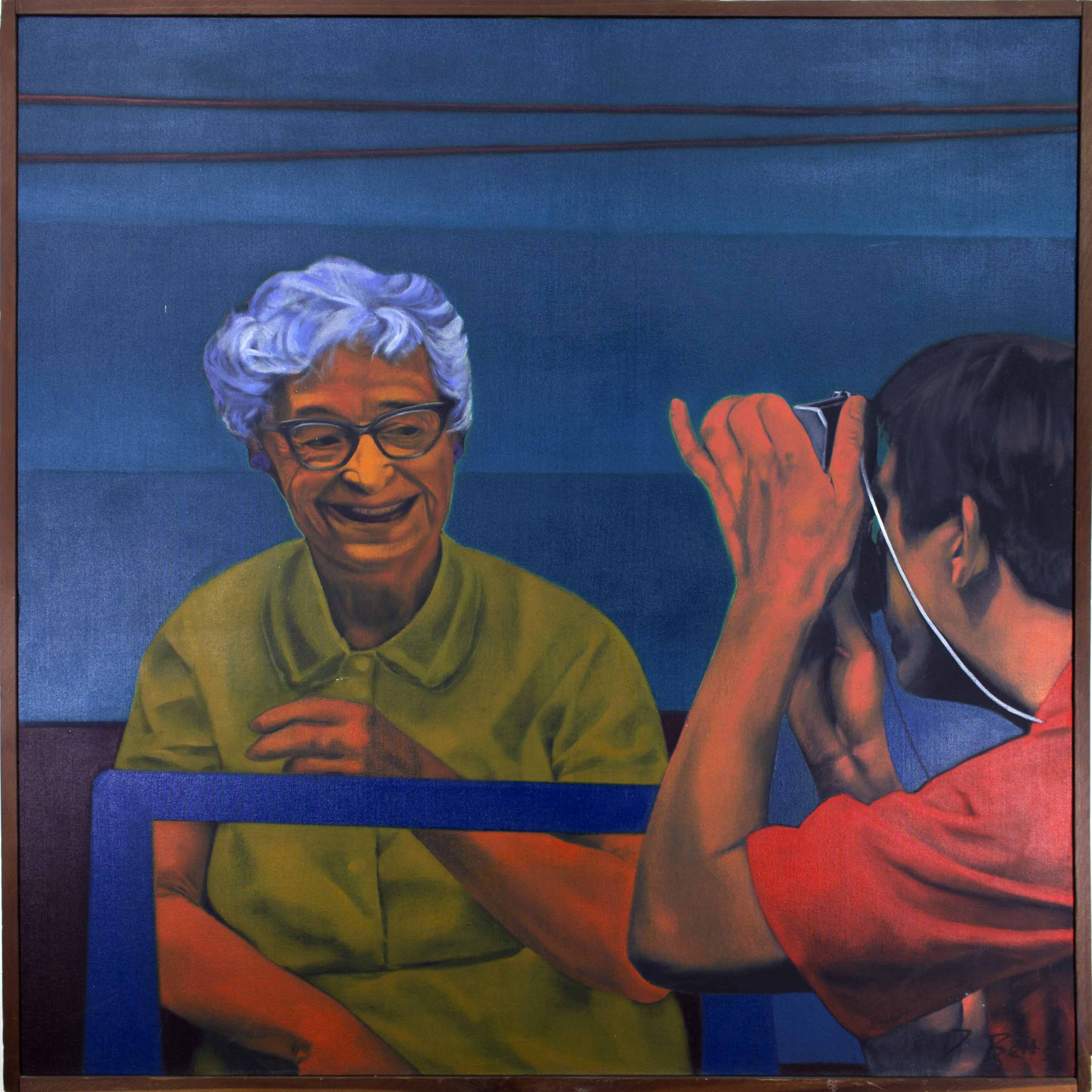Painting of an older woman smiling at her picture being taken by a male figure. The background is blue with two horizontal brown lines near the top of the composition. 