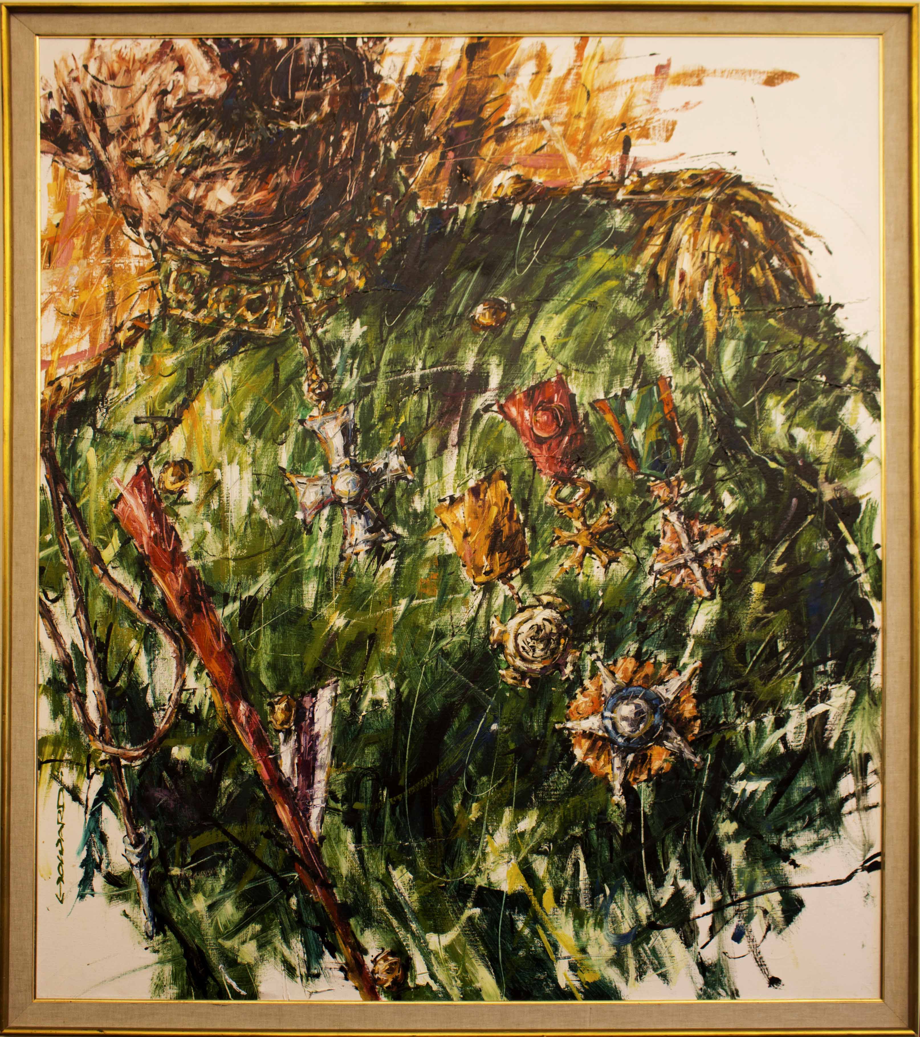 Abstract painting of a general wearing green with pins on his uniform.