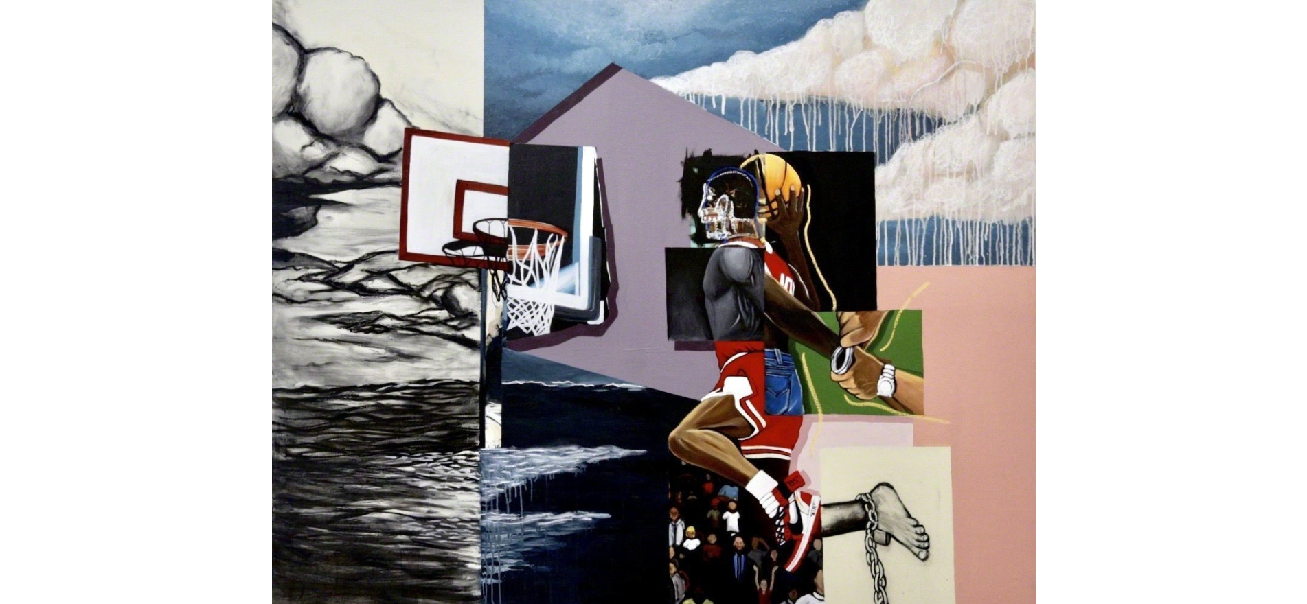Collage-like painting of a man shooting a basket with shackles on his ankle and he's being handcuffed.