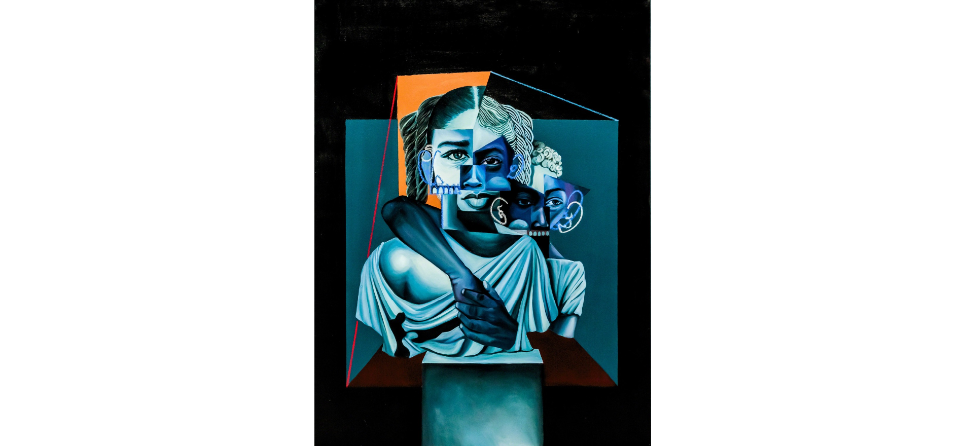 Blue painting of a figure with collage-like combination of facial features. 