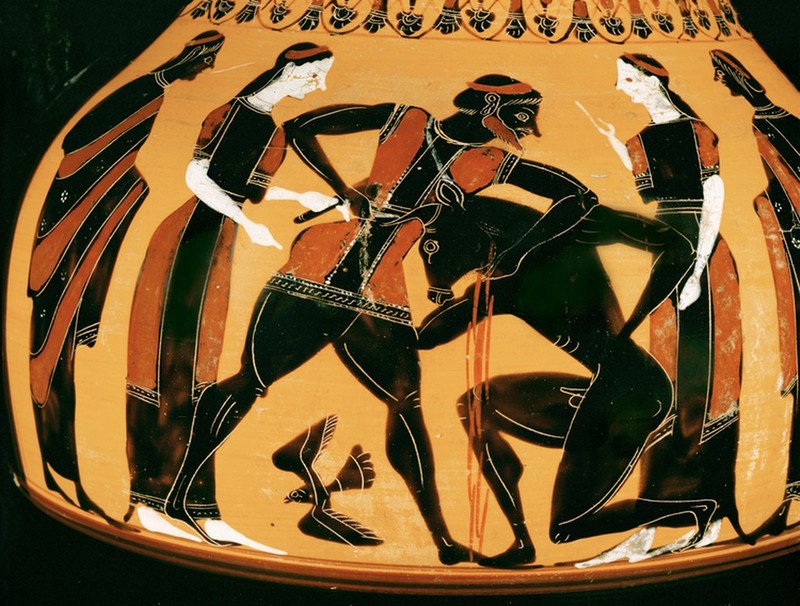 Theseus Slaying the Minotaur Attic Black Figure Amphora with Theseus slaying the minotaur. Attributed to the Birth of Athena painter and produced in the mid-6th century, now in the Lourve. Representative of the typical depiction of Theseus before the rise of Athenian democracy and the Battle of Marathon against the Persians.Theseus Slaying the Minotaur Attic Black Figure Amphora with Theseus slaying the minotaur. Attributed to the Birth of Athena painter and produced in the mid-6th century, now in the Lourv