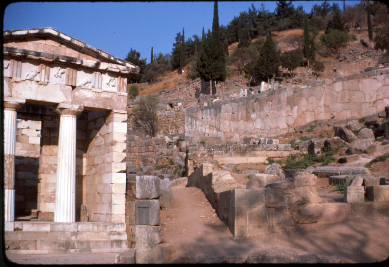 Delphi- Athenian Treasury View of the Athenian Treausury at Delphi from the Sacred Way. The metopes depict various labors of Theseus and Herakles. Constructed after 490 BCE. Image captured by Hugh Sackett