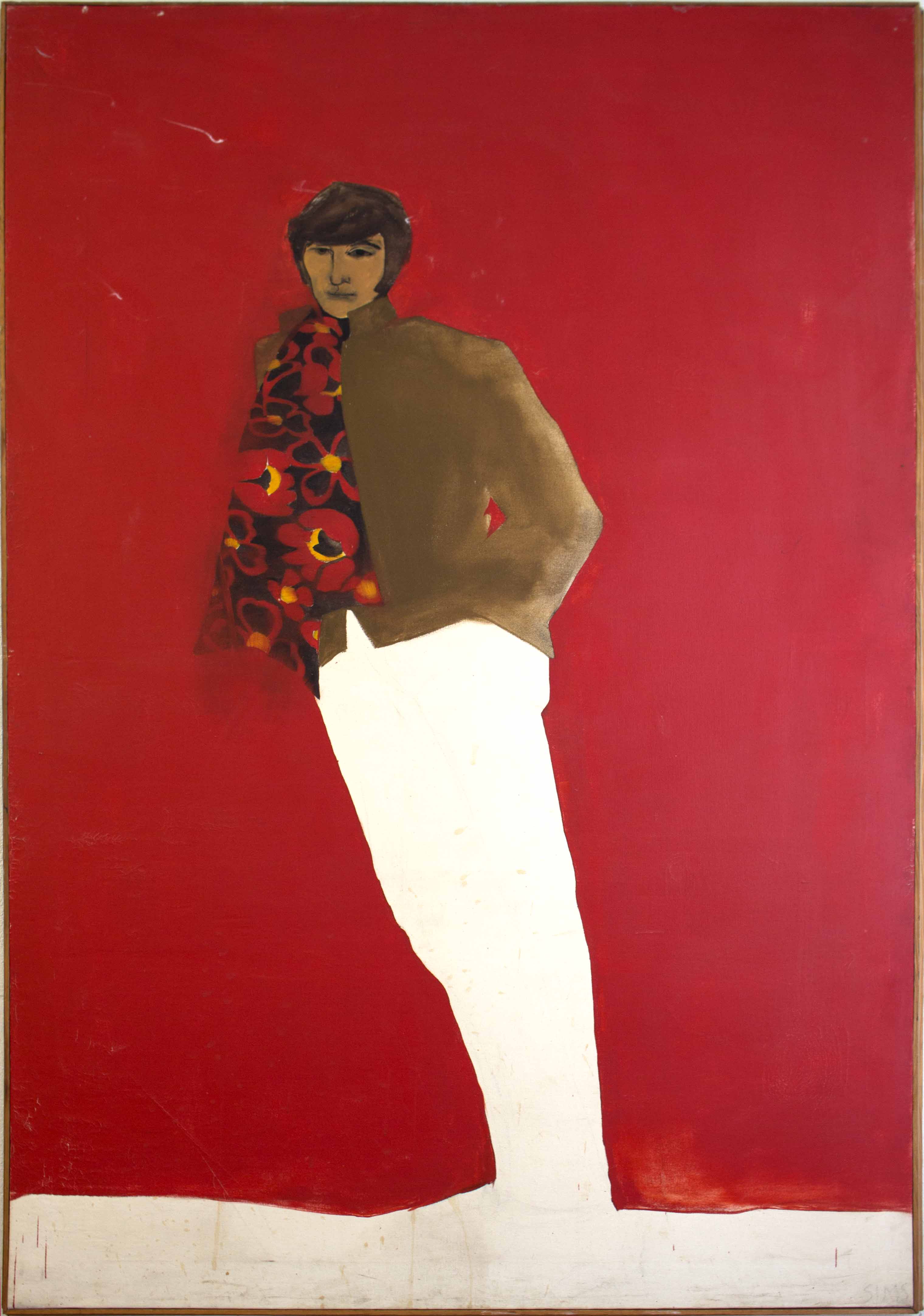This is a painting of a man with white pants, a brown shirt, and a black and red flowered tie on a red background. The bottom of the painting has a strip of white that the man's feet blend into.