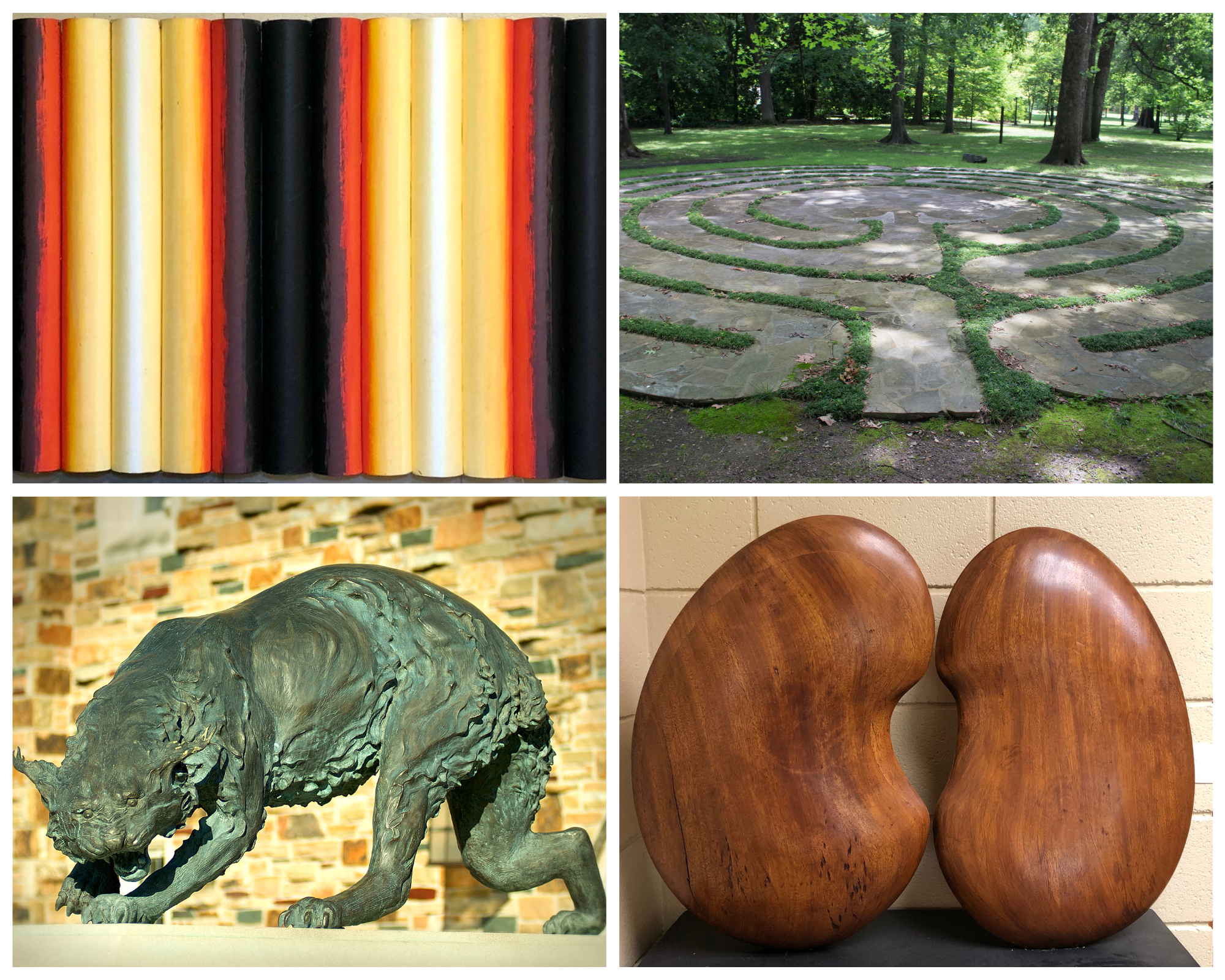 Sculptures from on Rhodes Campus. Top Left: Untitled by Betty Gilow; Bottom Left: "Lynx" by Anne Moore; Top Right: "Rhodes College Labyrinth"; Bottom Right: Untitled by Judith Morrow