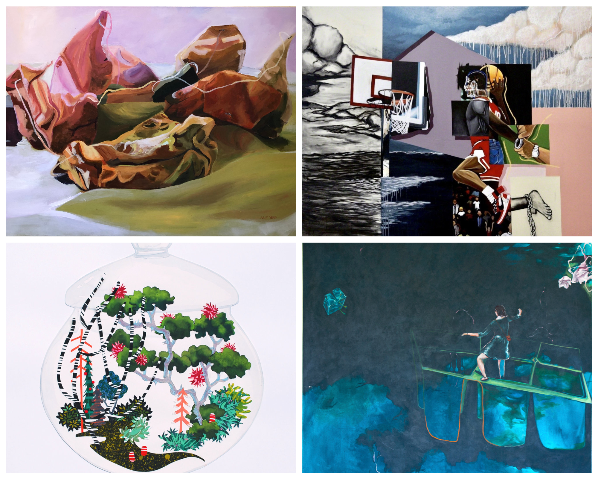 Collage of paintings found in Rhodes College Art Collection. Top Left: "Teabags" by Mary Pat Pead; Top Right: "Hoop Dreams" by Malik Roberts; Bottom Left: "For what you have tamed you are forever responsible" by Erin Harmon; Bottom Right: "Boundearthless" by McKenzie Drake