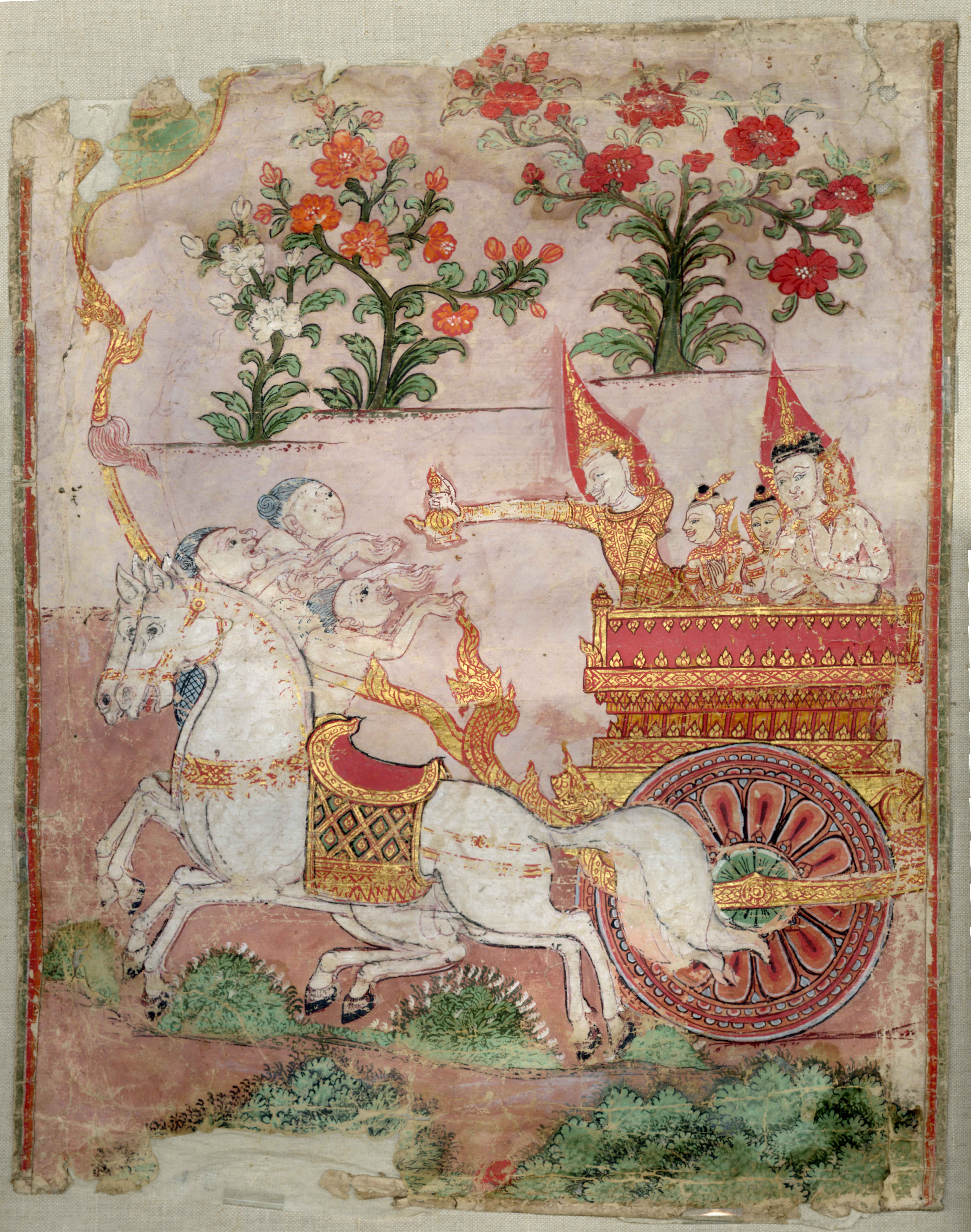 Two white horses pull a gold and red chariot which holds two adult and two children figures (also depicted in gold and red). One of the adult figures is offering something to three figures behind the horses. Plant and natural elements surround the figures and chariot.