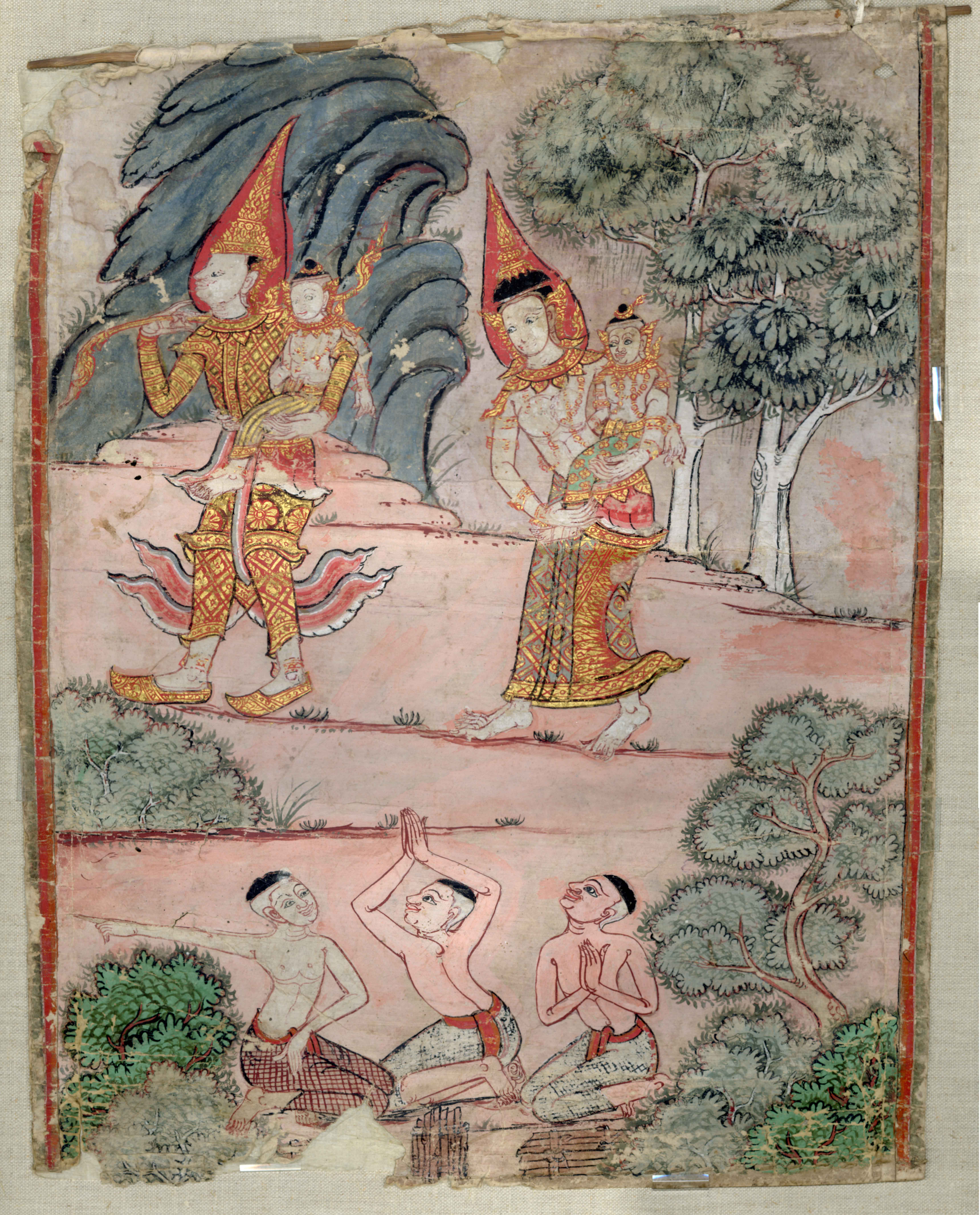Adult figures carrying children wearing red and gold walk through a forest. There are three kneeling or praying figures in the foreground. 
