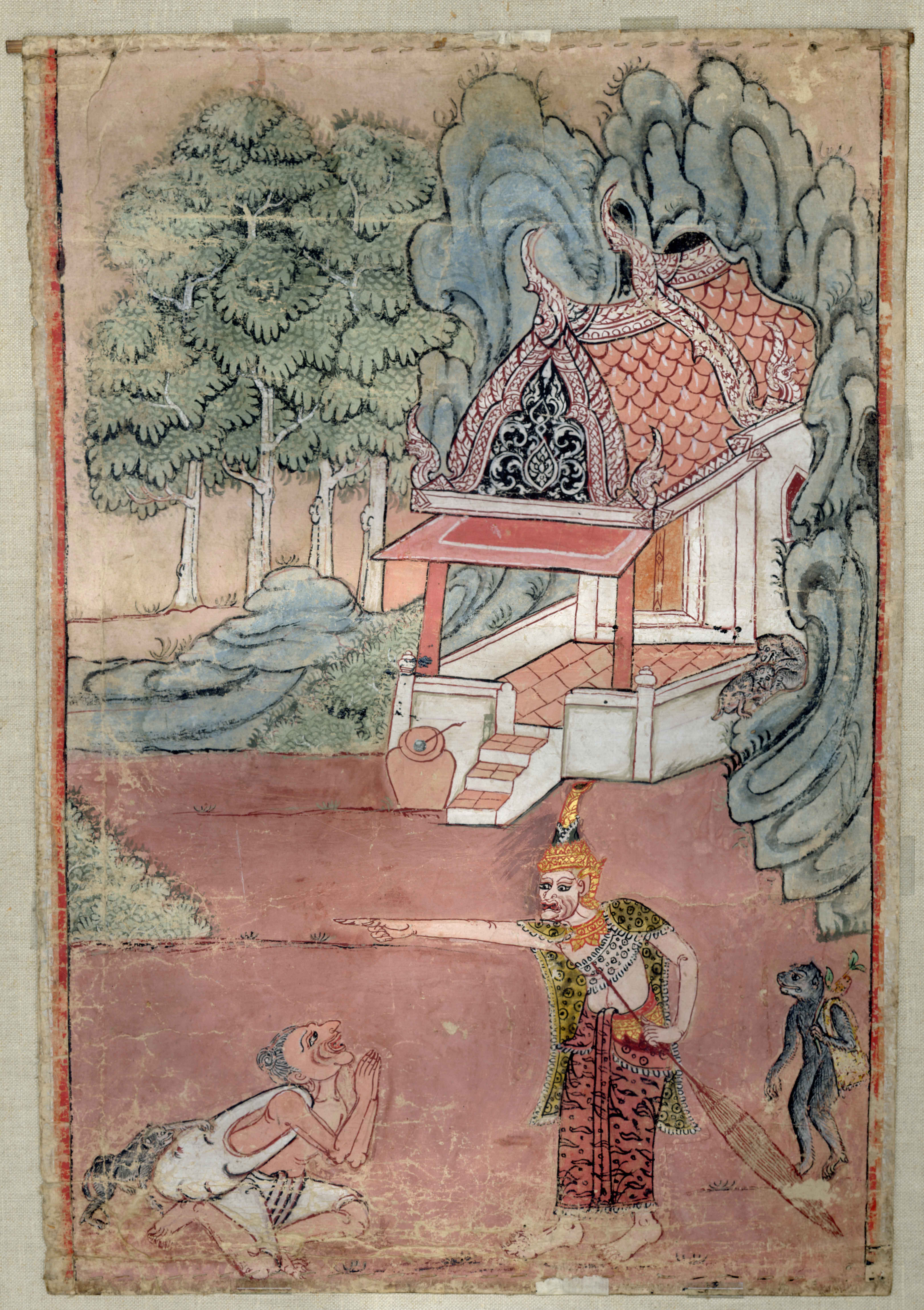 A figure of a man with a long arm pointing left, suppliant figure before him and a monkey behind him. There is a red and White House and trees behind the figures and monkey. 