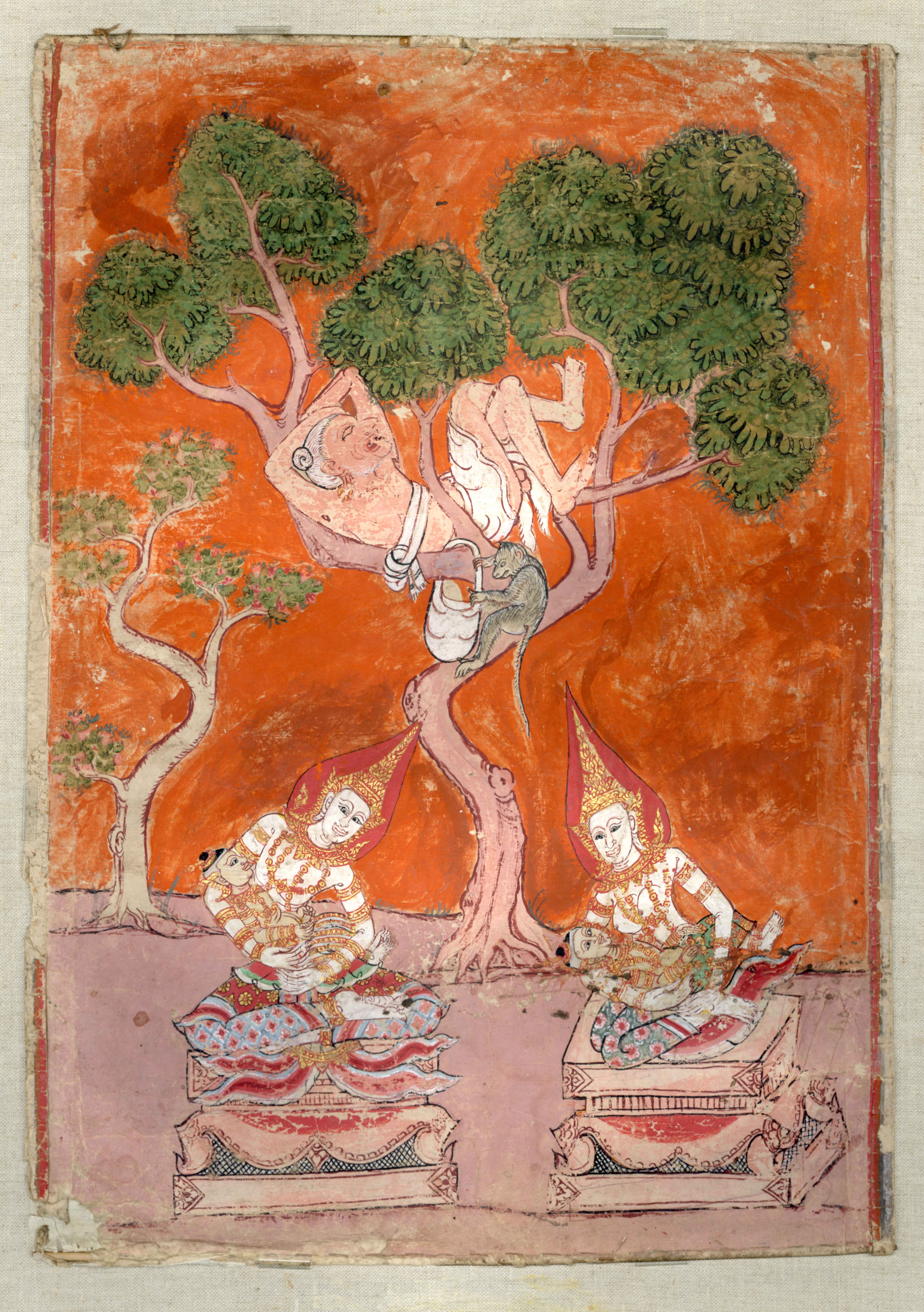A figure is resting in a Bo tree against a red background. Two figures in the foreground are cradling infants in their arms. 