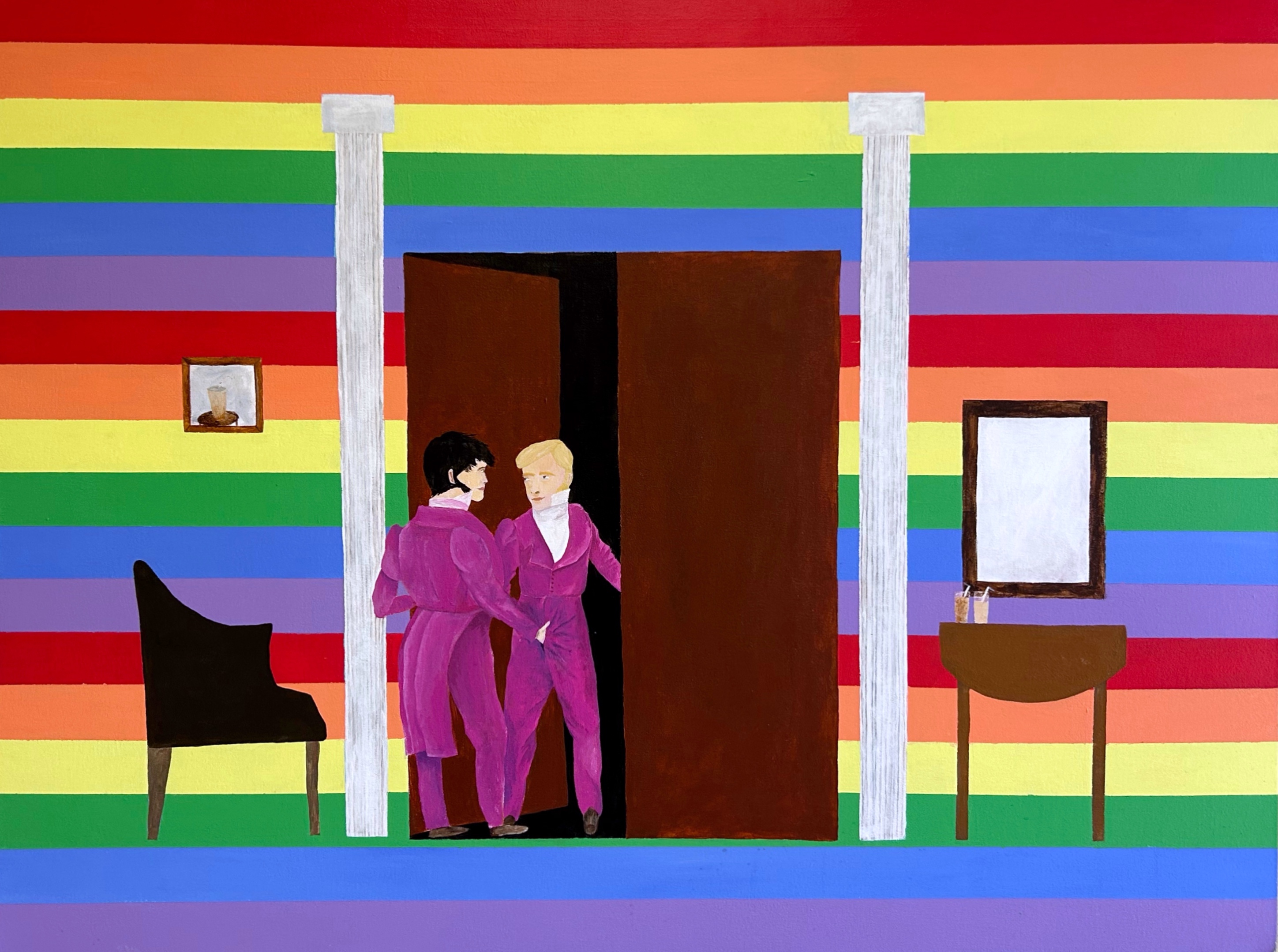 Two men in pink suits are entering a dark doorway. One man is reaching into the pants of the other. The doorway is against a striped rainbow background. There are two white columns on either side of the doors. To the right of the doorway there is a small table with two iced coffees and a framed mirror or blank image above the table. On the other side of the door, there is a chair and above that there is a framed image of an iced coffee.