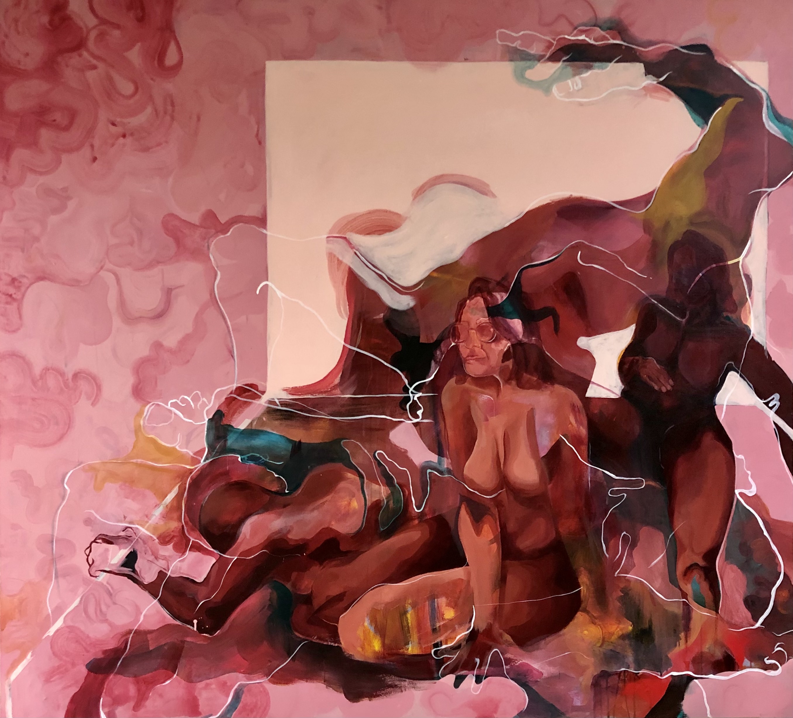Pink space with a pile up of nude bodies, some more rendered or more discernible than others, in various positions. Soft white outlines of body parts are layered on top of the bodies. 