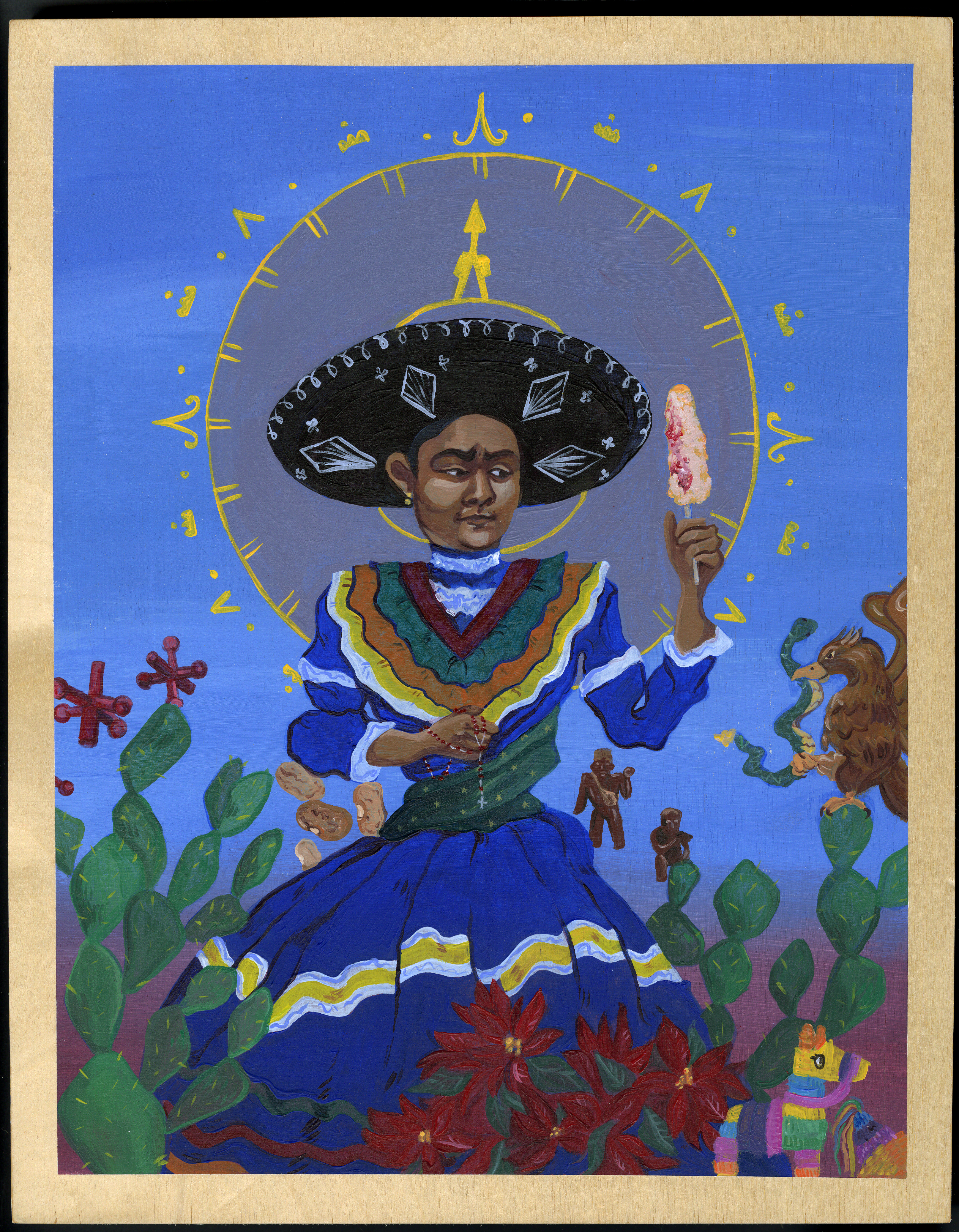Painting of an individual wearing a blue dress and mariachi hat surrounded by traditional Mexican symbols. There are cacti, a piñata, pinto beans, a snake, etc.