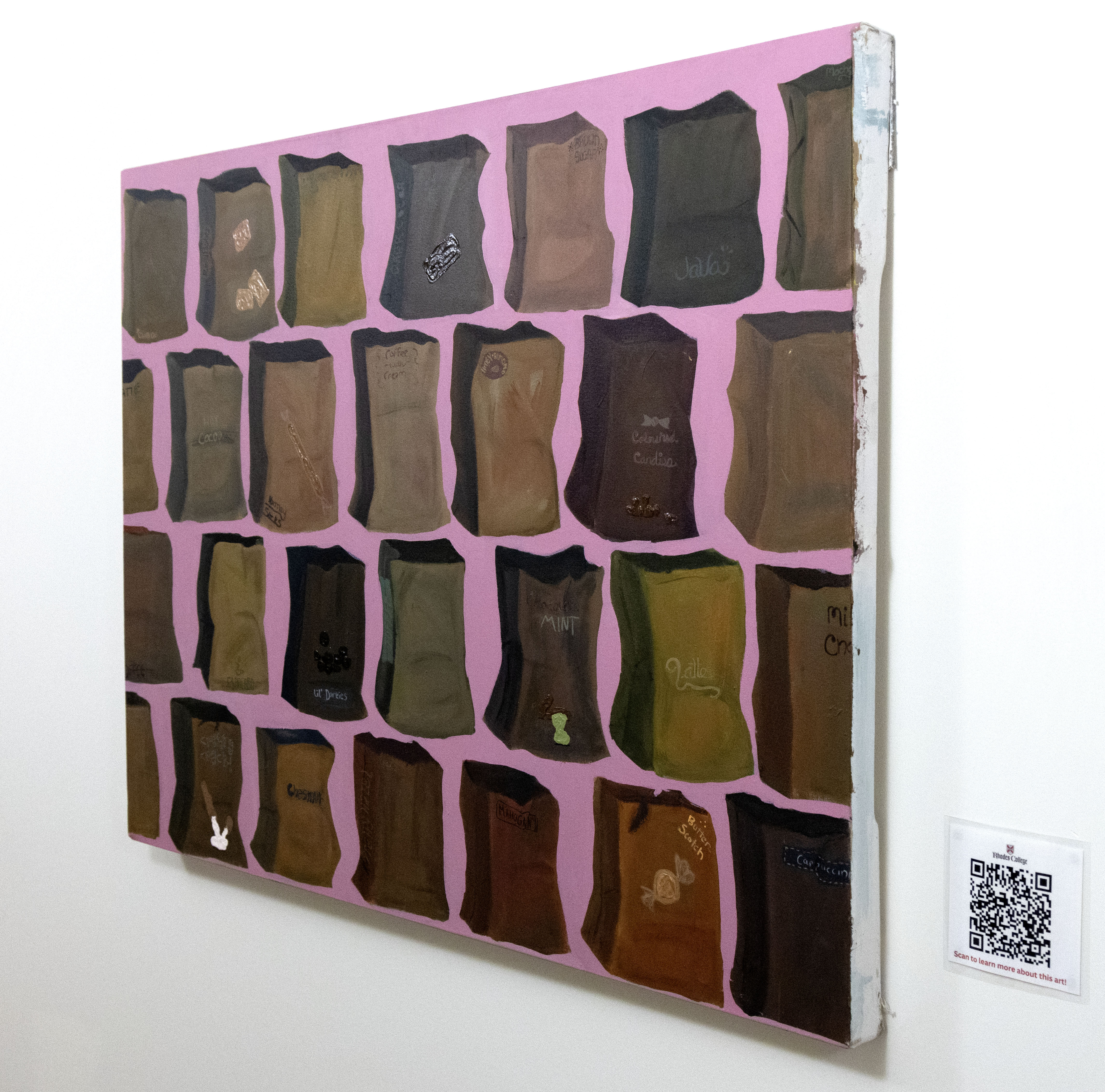 Painting by Taylor Jackson, brown paper bags on pink background.