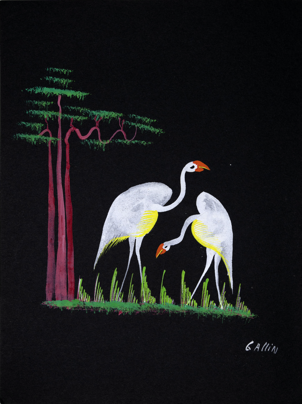 Gouache painting of two birds and tree.