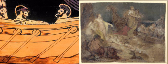 Figure 4 (Left), Figure 5 (Right): Left: Siren Painter (active c.500-c.480 BCE). Greek. Stamnos with Odysseus and the Sirens, detail, oarsmen. Vessel. Attic Red-Figure. C.500-480 BCE. Name-piece painter. Terracotta. British Museum, London, United Kingdom. Right: Hans Makart (Künstler_in). Odysseus und die Sirenen. Drawing. C.1880. Oil on canvas. Austria. 14.2 x 20.8 cm.
