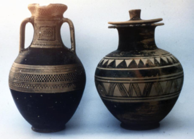 Figure 3: This image shows two Protogeometric pieces of pottery from the Lefkandi Toumba Cemetery, excavated in the 1980s-1990s.